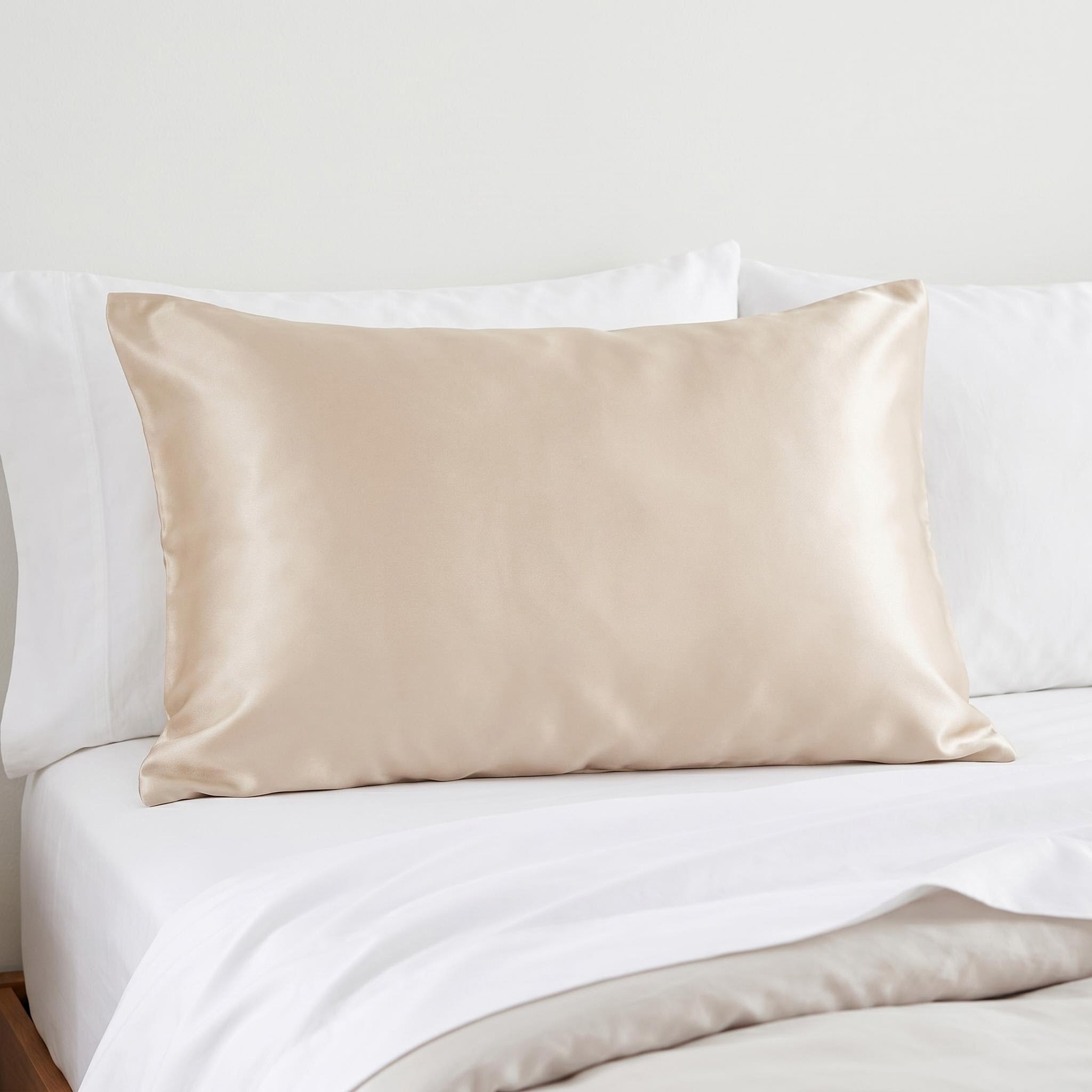Champagne mulberry silk pillowcase on white bedding, showcasing its smooth, luxurious texture.
