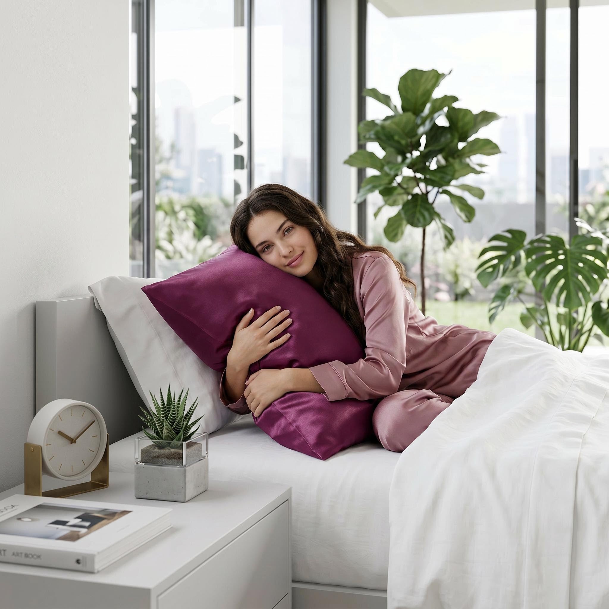 Woman in silk pajamas hugging a mulberry silk pillowcase in plum, on a bed with white sheets.