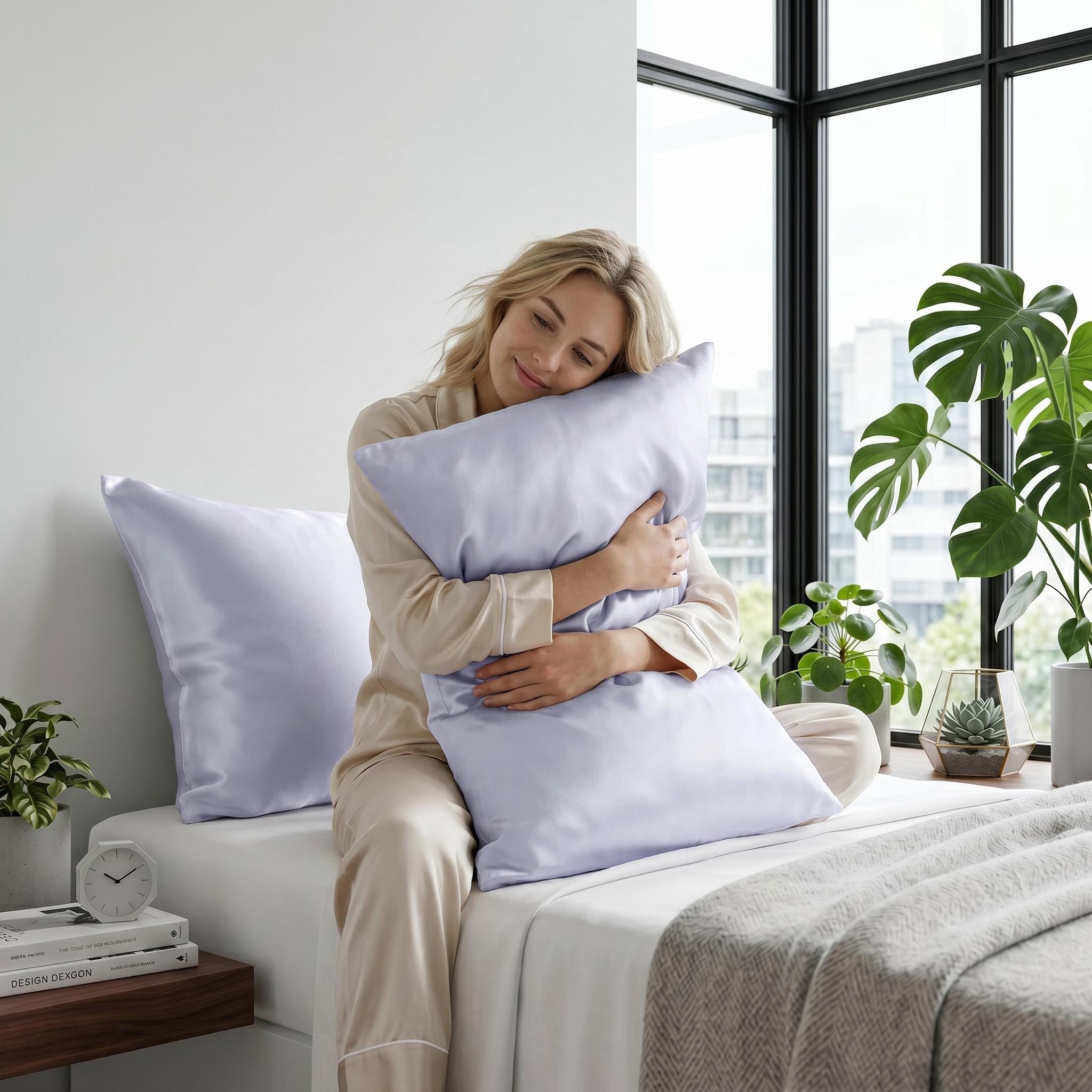 Blonde woman in pajamas hugging a soft lavender mulberry silk pillowcase on a bed with another pillow and plants.