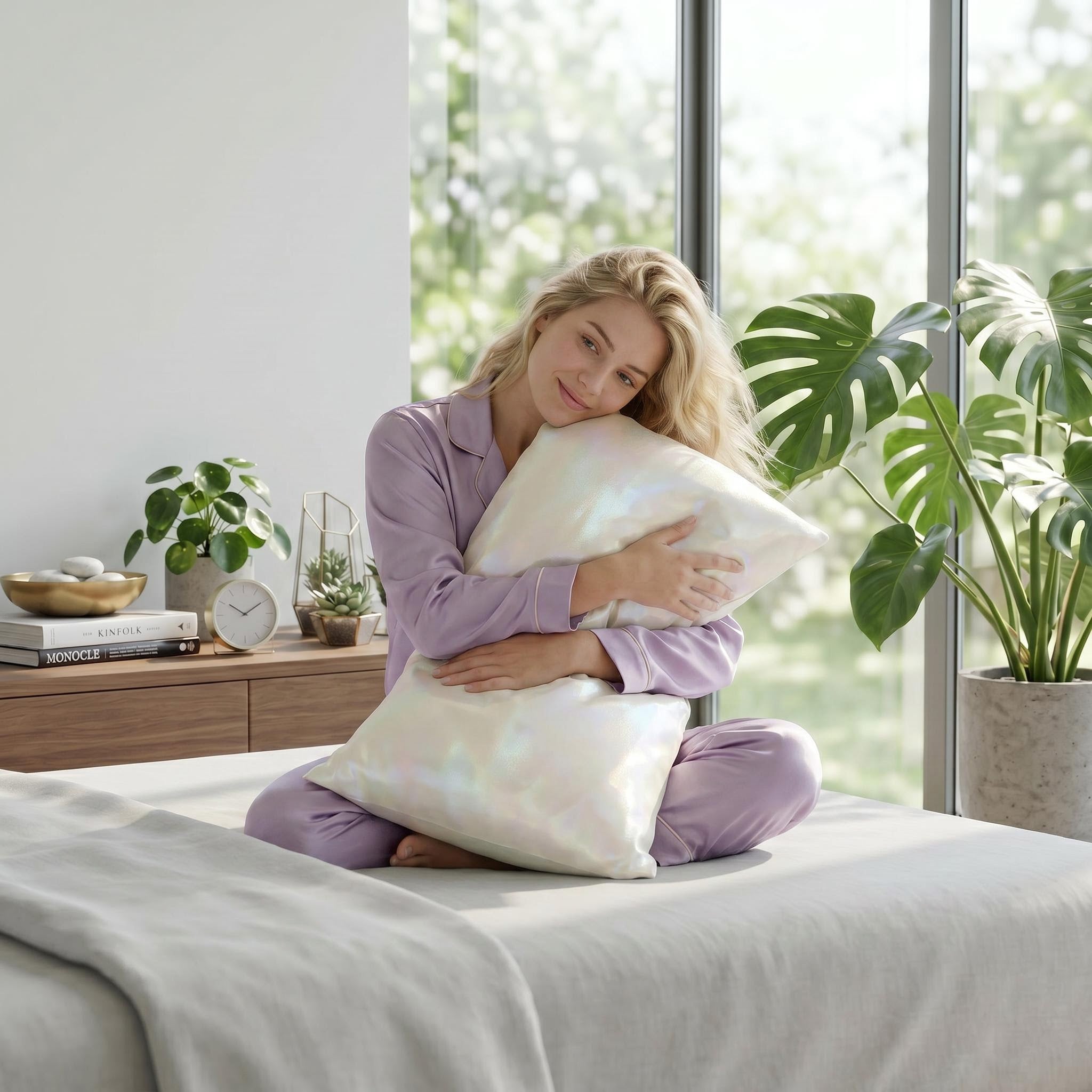 Blonde woman in lavender pajamas hugging two iridescent white mulberry silk pillowcases on a bed.