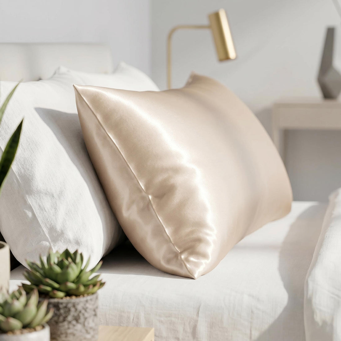 Elegant champagne mulberry silk pillowcase on a bed, showcasing its smooth texture and luxurious sheen.