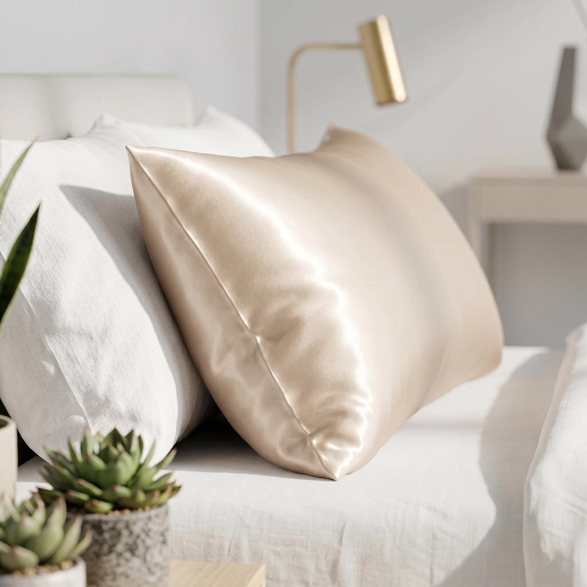 Elegant champagne mulberry silk pillowcase on a bed, showcasing its smooth texture and luxurious sheen.