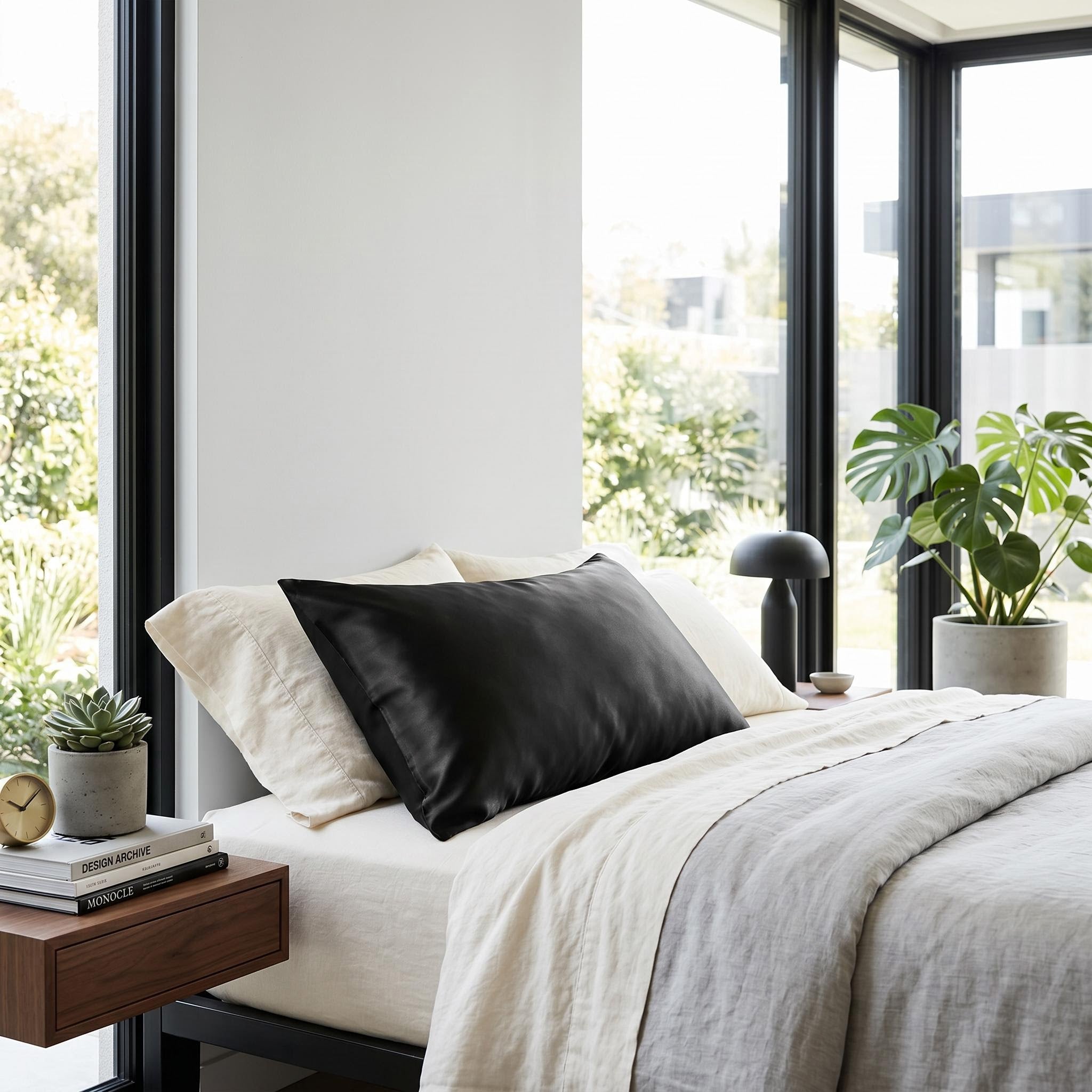 Black mulberry silk pillowcase on a bed with light bedding, next to a window and plant.