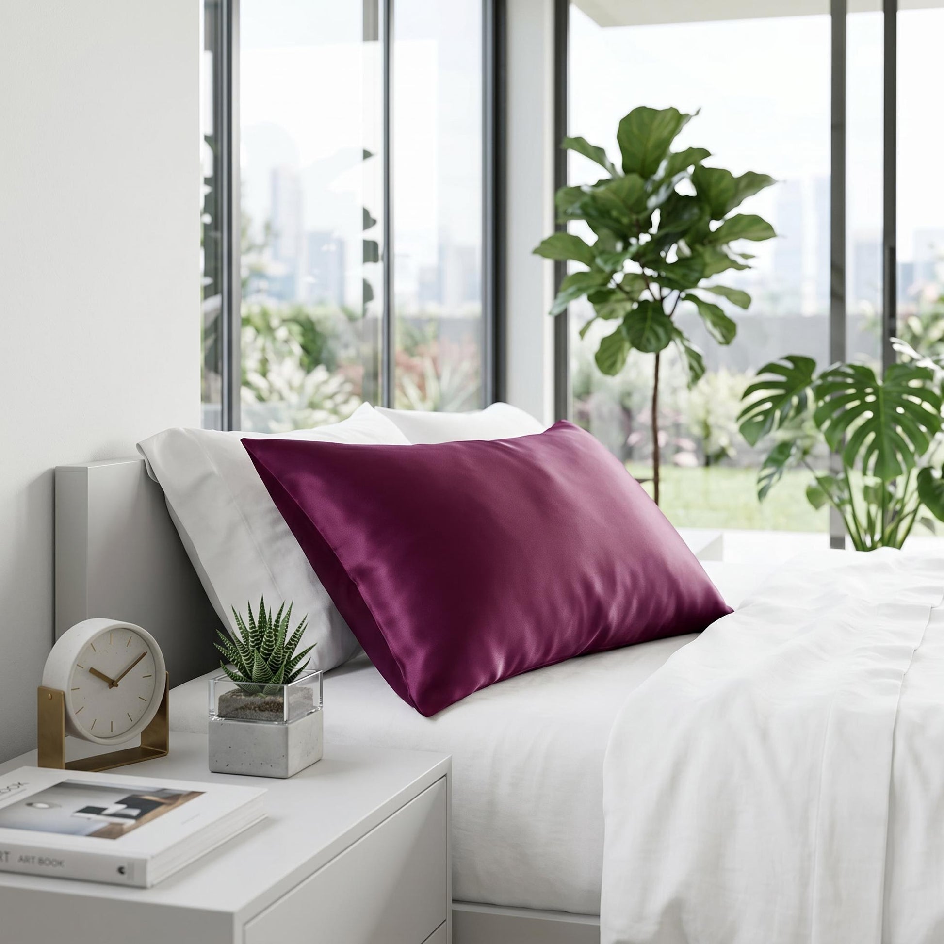 Plum mulberry silk pillowcase on a white bed, enhancing a modern bedroom with plants and city views.