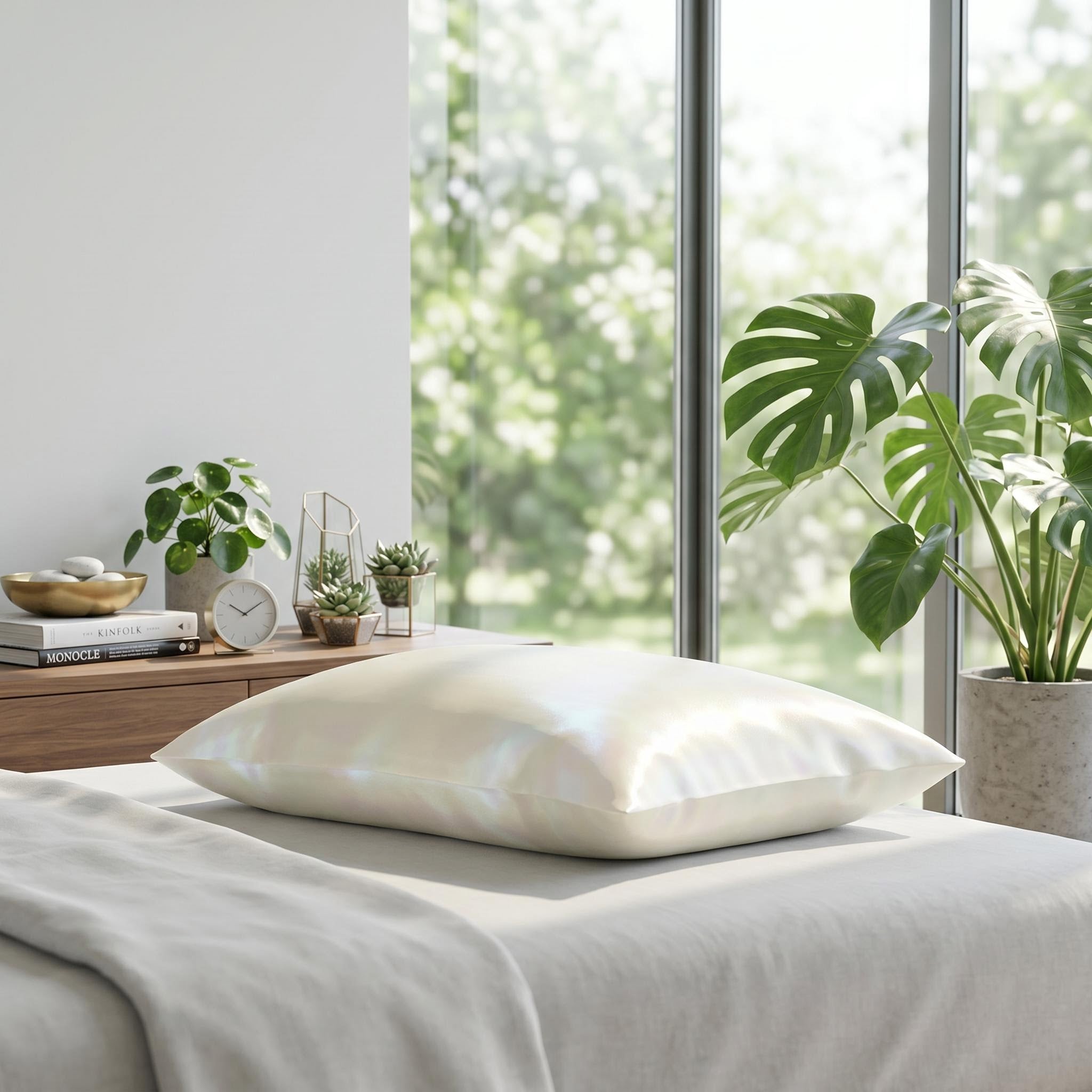 Elegant ivory mulberry silk pillowcase on a bed, showcasing its smooth, lustrous texture in a bright bedroom.