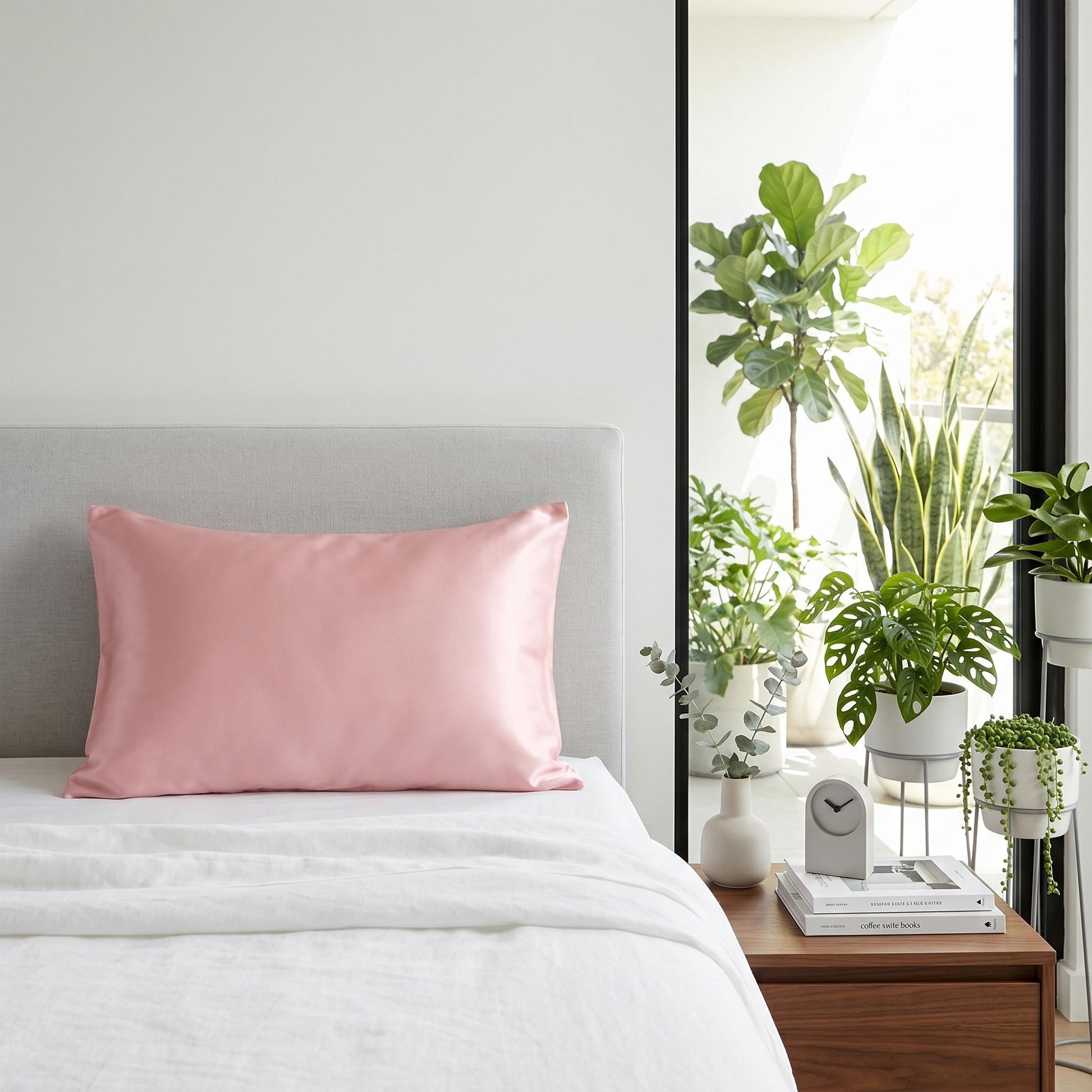 Pink mulberry silk pillowcase on a bed with white linen, beside a nightstand with plants.