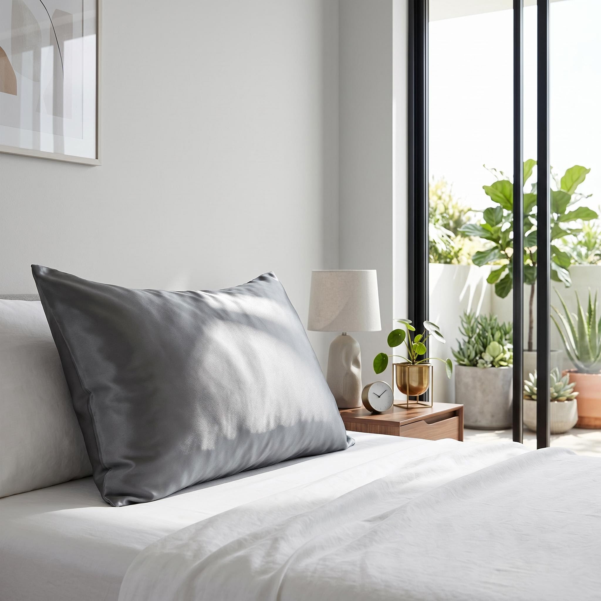 A charcoal gray mulberry silk pillowcase on a white bed in a modern bedroom with a balcony.