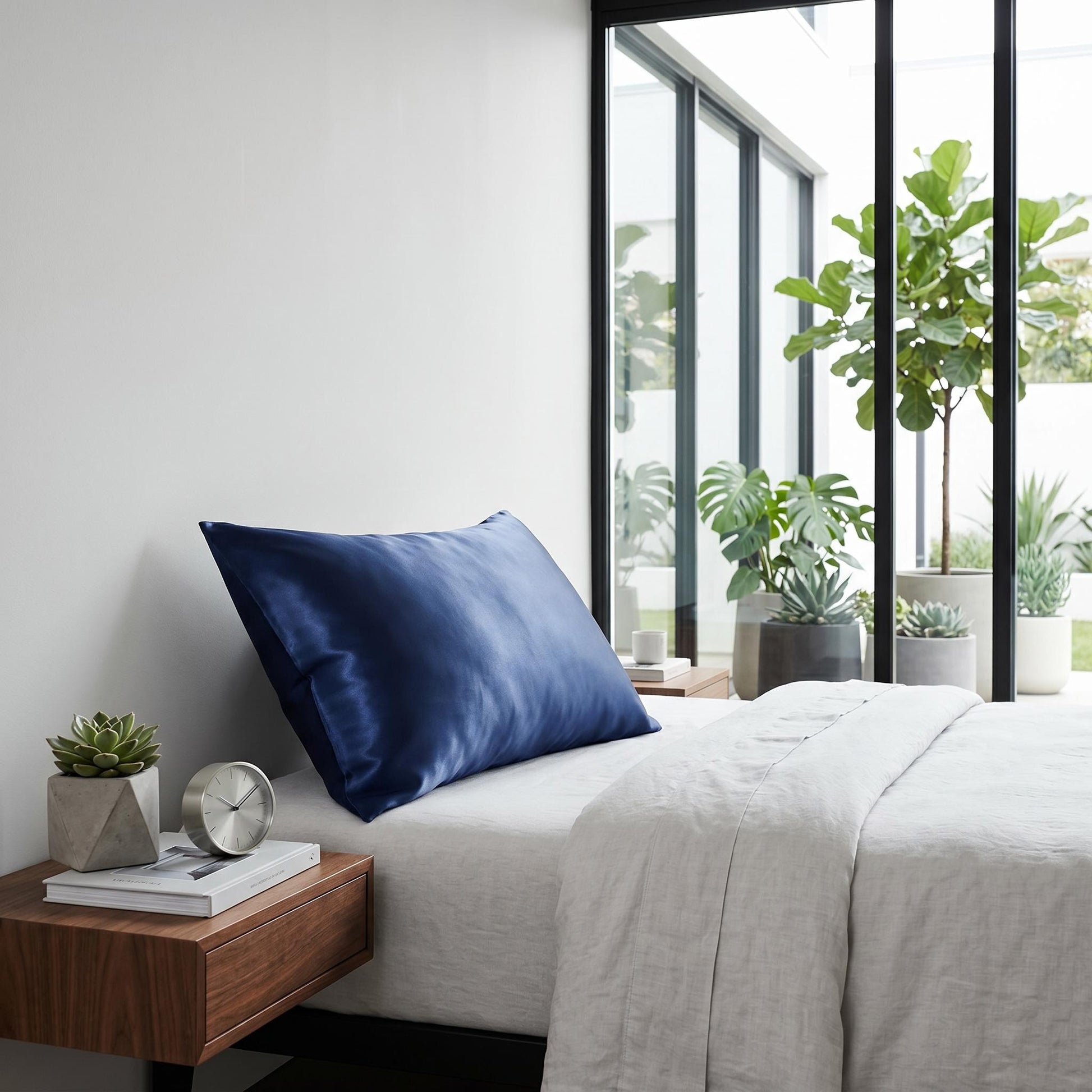 Navy blue mulberry silk pillowcase on a bed with white linen, next to a modern wooden nightstand.