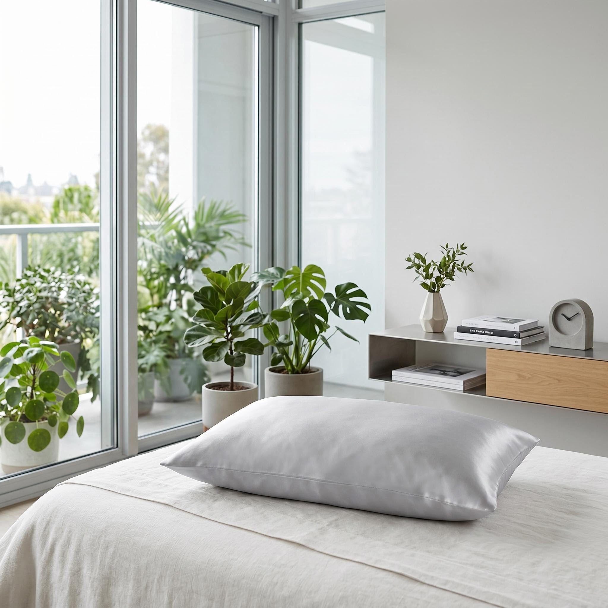 Light gray mulberry silk pillowcase on a white bed in a bright, modern bedroom with plants.