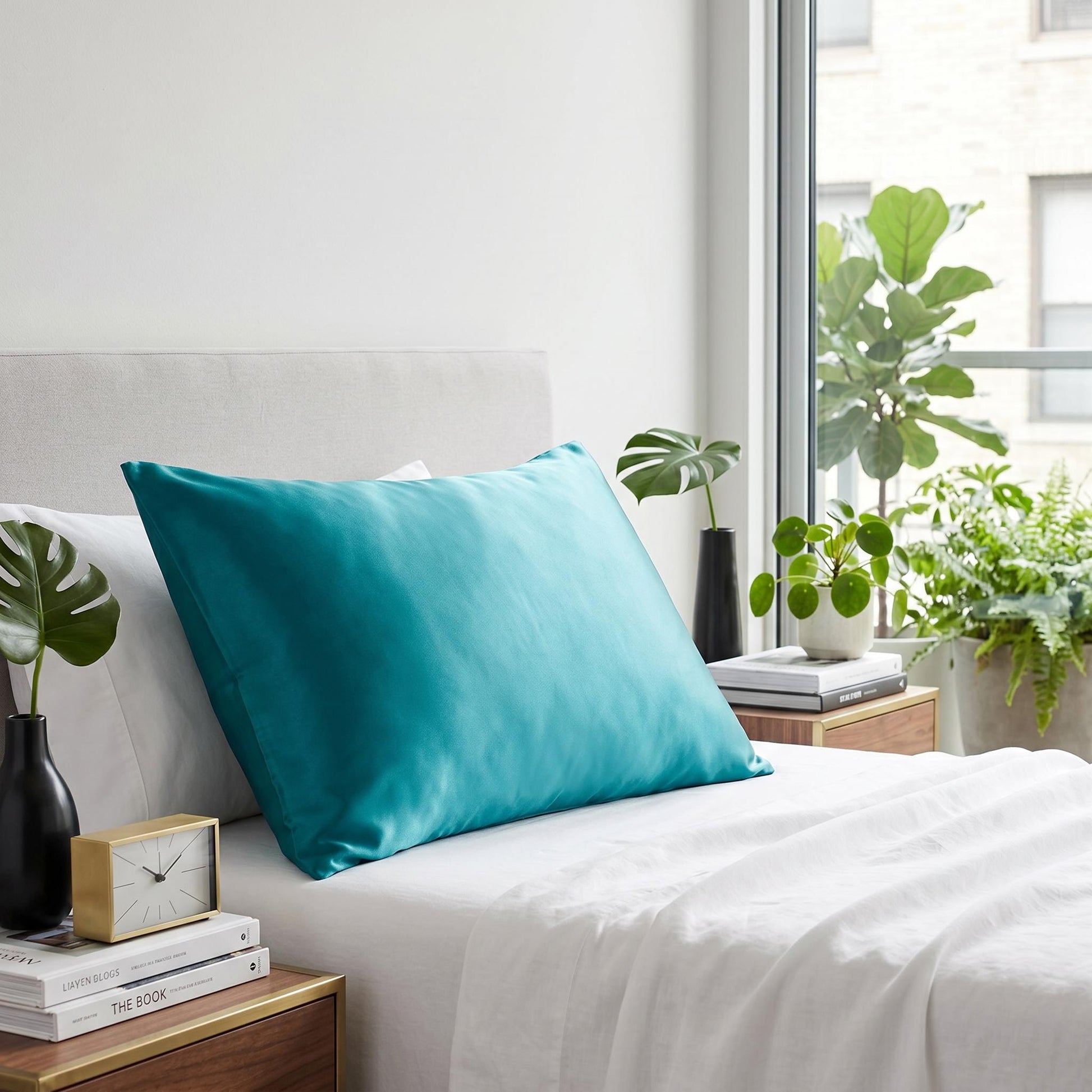 Teal mulberry silk pillowcase on a bed with white sheets, next to a window with plants.