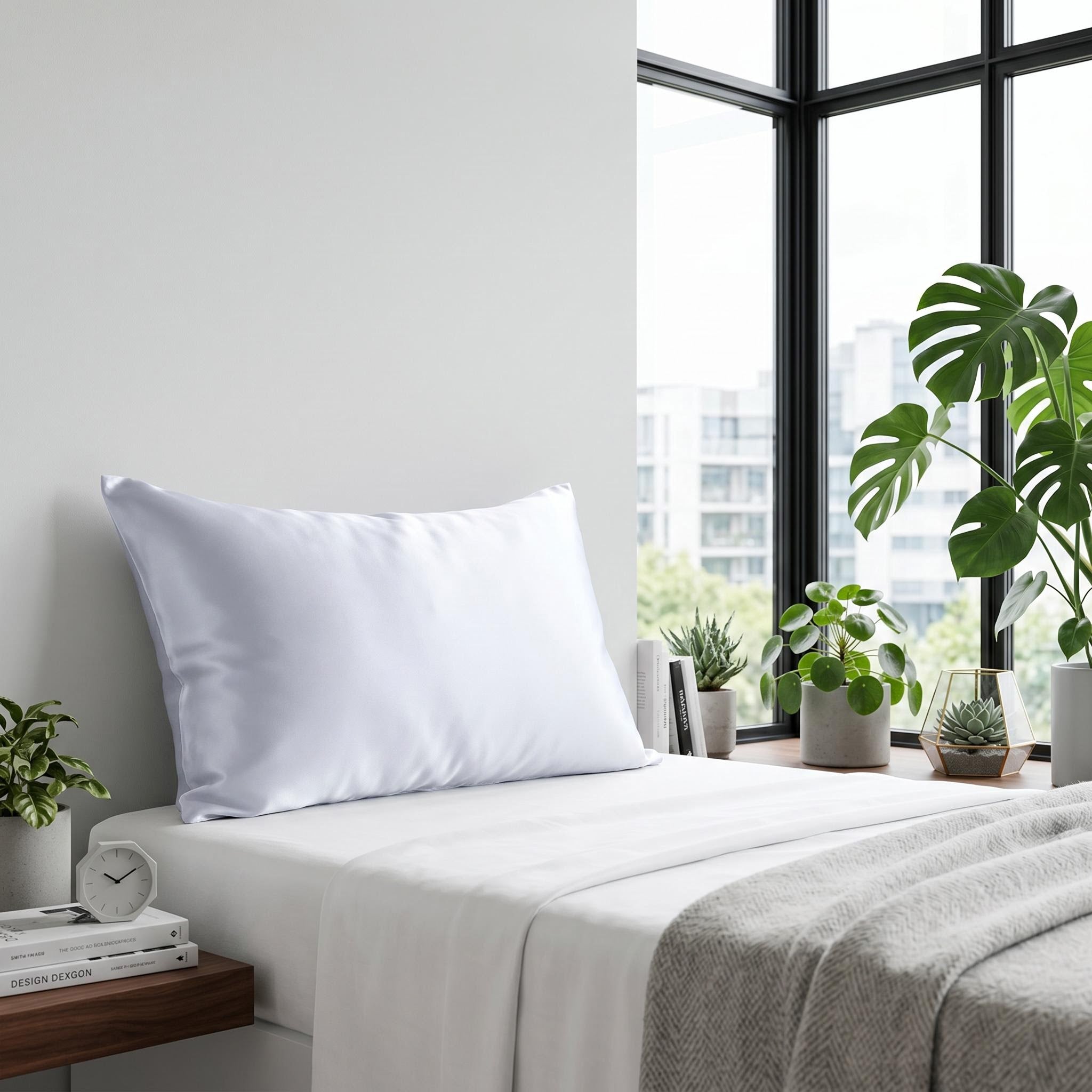 White mulberry silk pillowcase on a bed with white sheets, next to a window with plants.