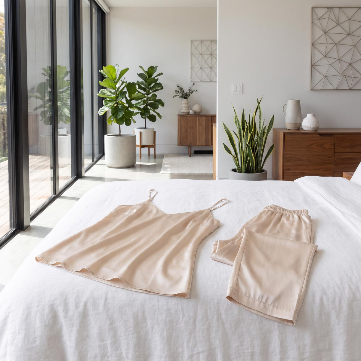 Champagne-colored Mulberry silk pajama set with a V-neck camisole and straight-leg pants laid on a white bed.
