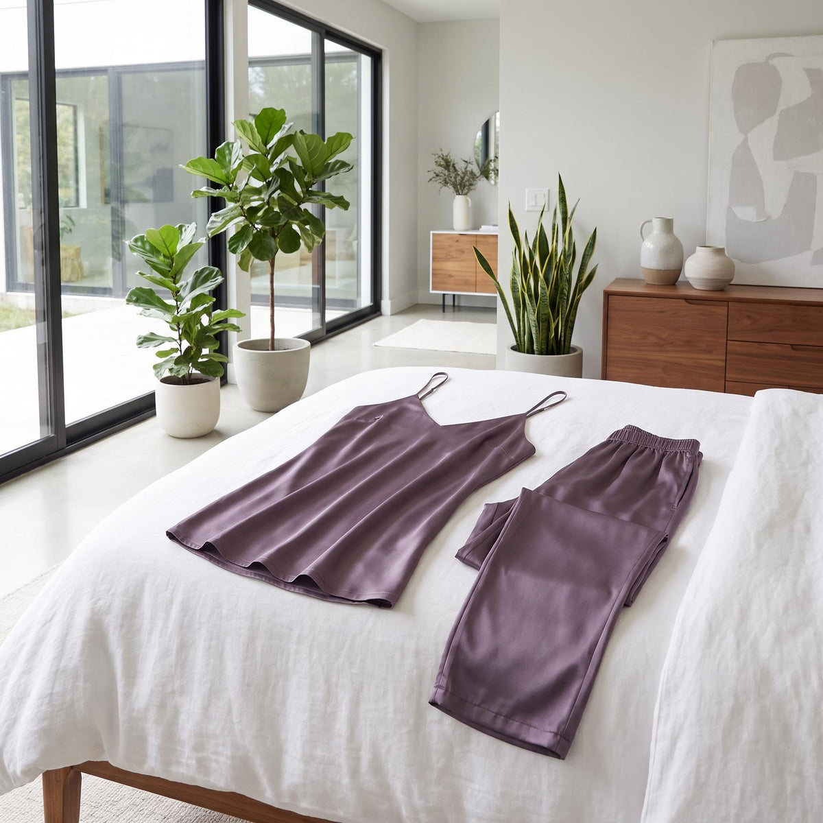 Purple mulberry silk pajama set featuring a V-neck camisole with adjustable straps and matching straight-leg pants on a bed.