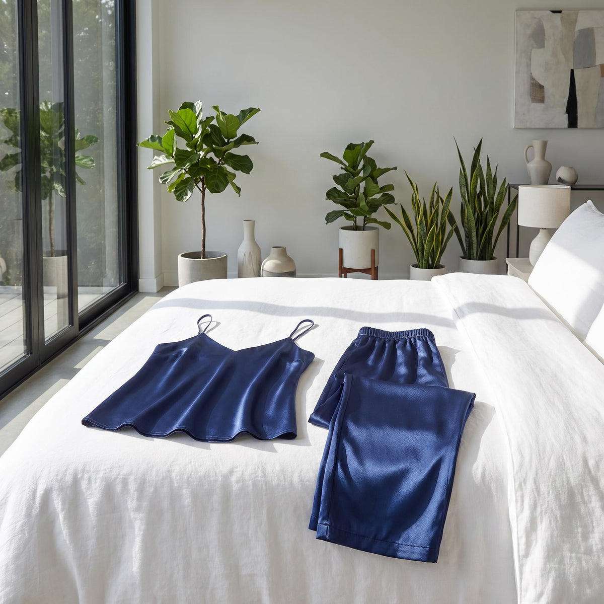 Navy blue Mulberry silk pajama set with a V-neck camisole and straight-leg pants laid flat on a white bed.