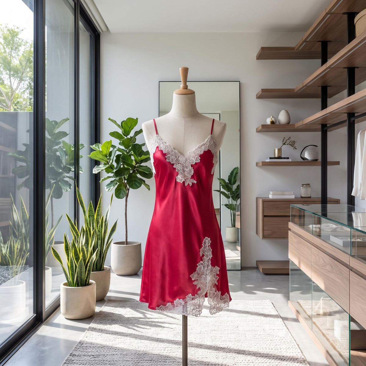 Red mulberry silk V-neck nightgown with delicate white lace trim and a side slit on a mannequin in a modern closet.