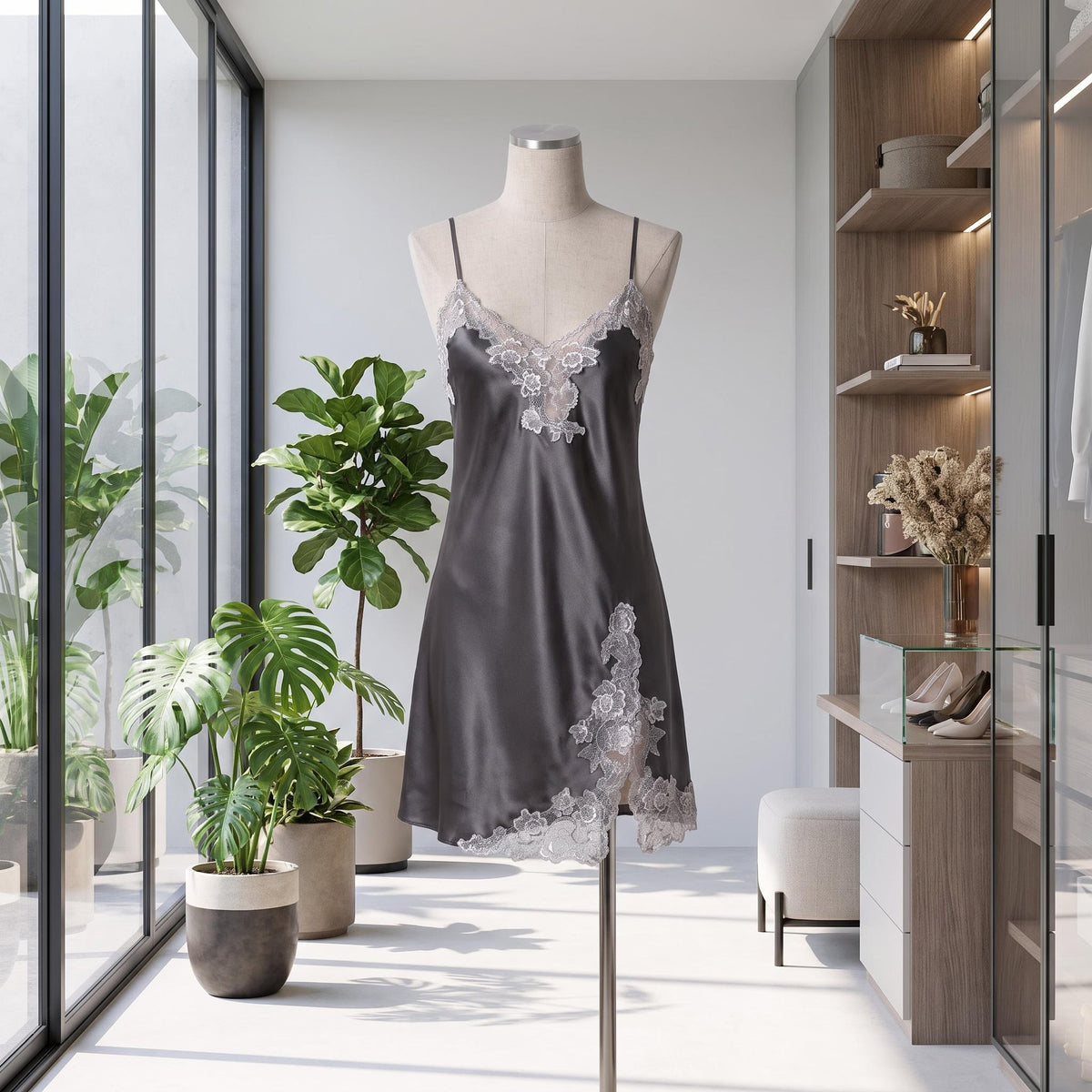 Charcoal grey mulberry silk V-neck nightgown with delicate lace trim and a side slit on a mannequin in a bright room.
