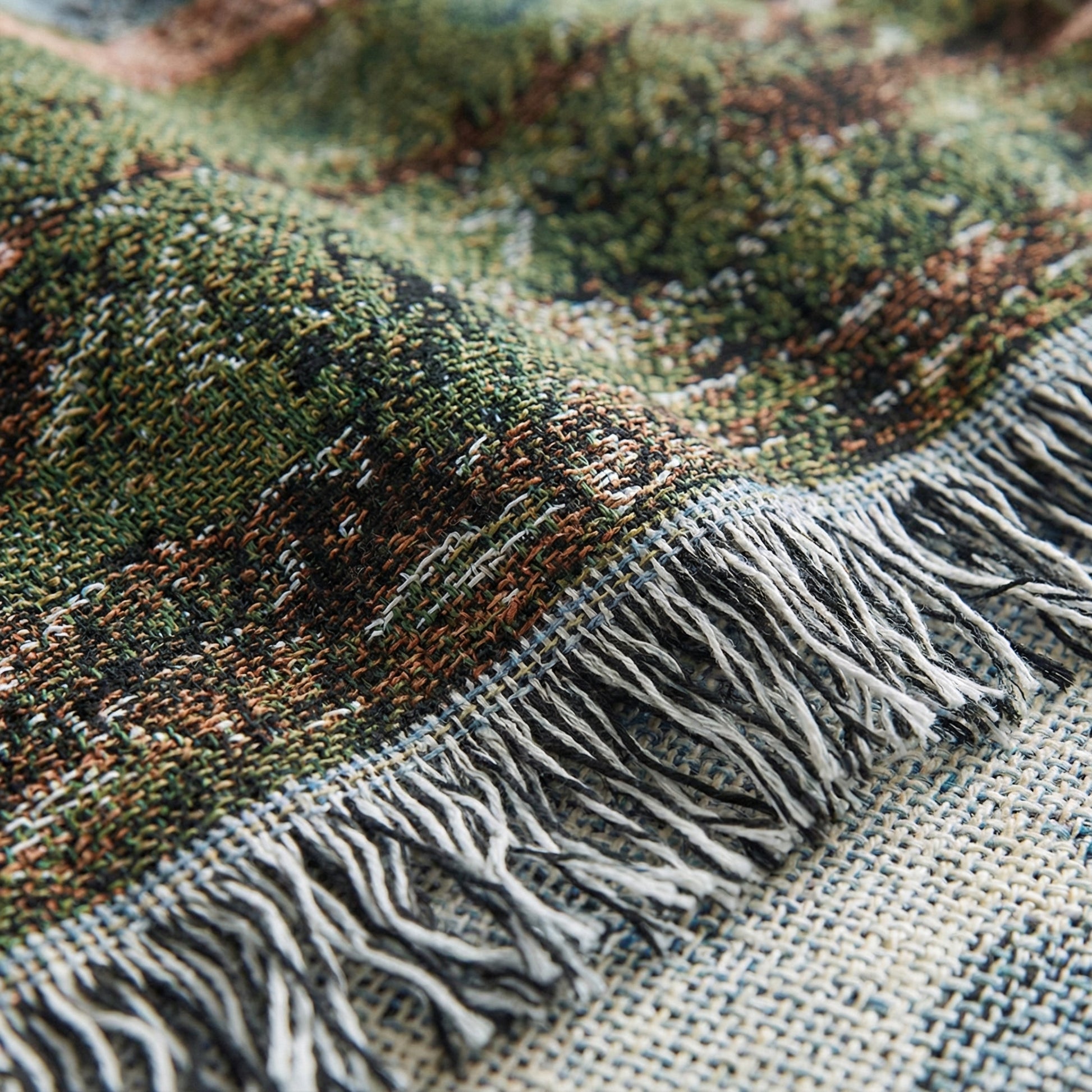 Close-up of a woven natural landscape knitted blanket with green, brown, and blue tones, featuring white fringe.