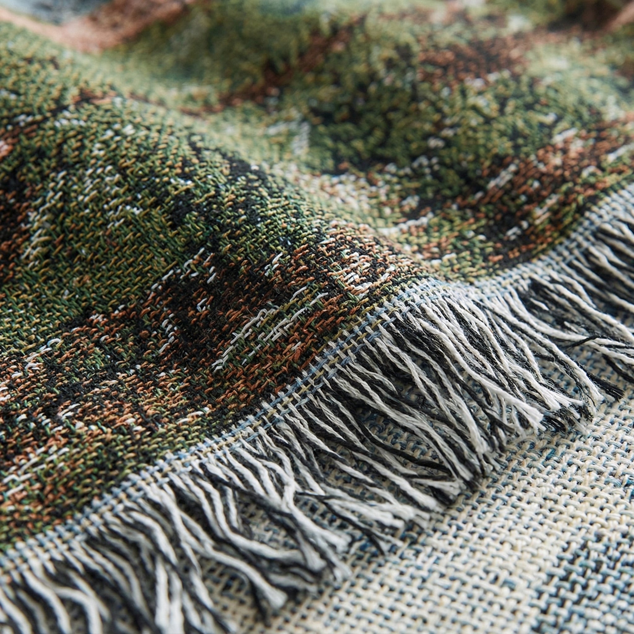 Close-up of a woven natural landscape knitted blanket with green, brown, and blue tones, featuring white fringe.