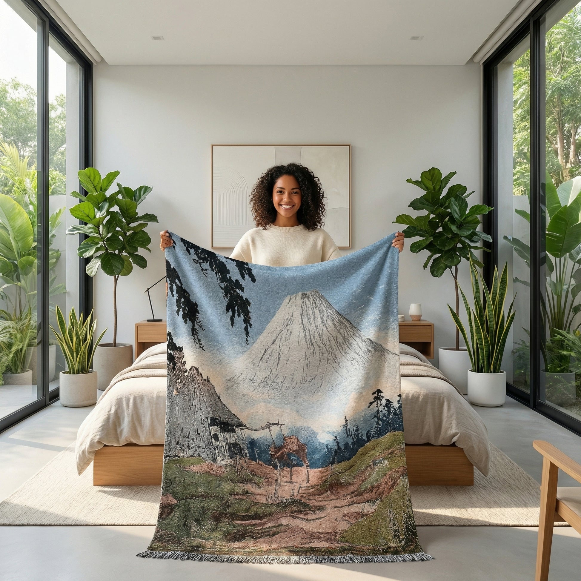 Smiling woman holding a large knitted blanket with a natural landscape design featuring a mountain.