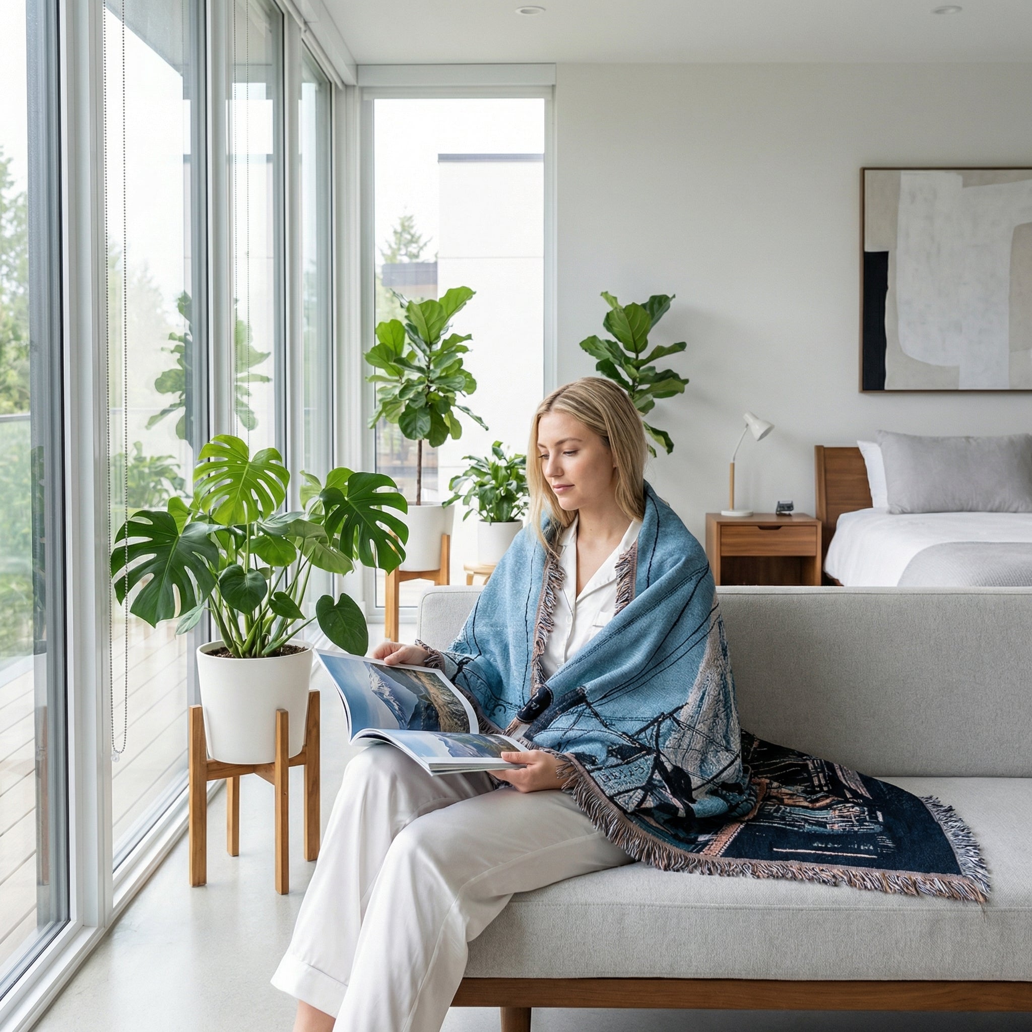 Woman on a sofa wrapped in a blue knitted landscape blanket with fringe, reading a magazine.