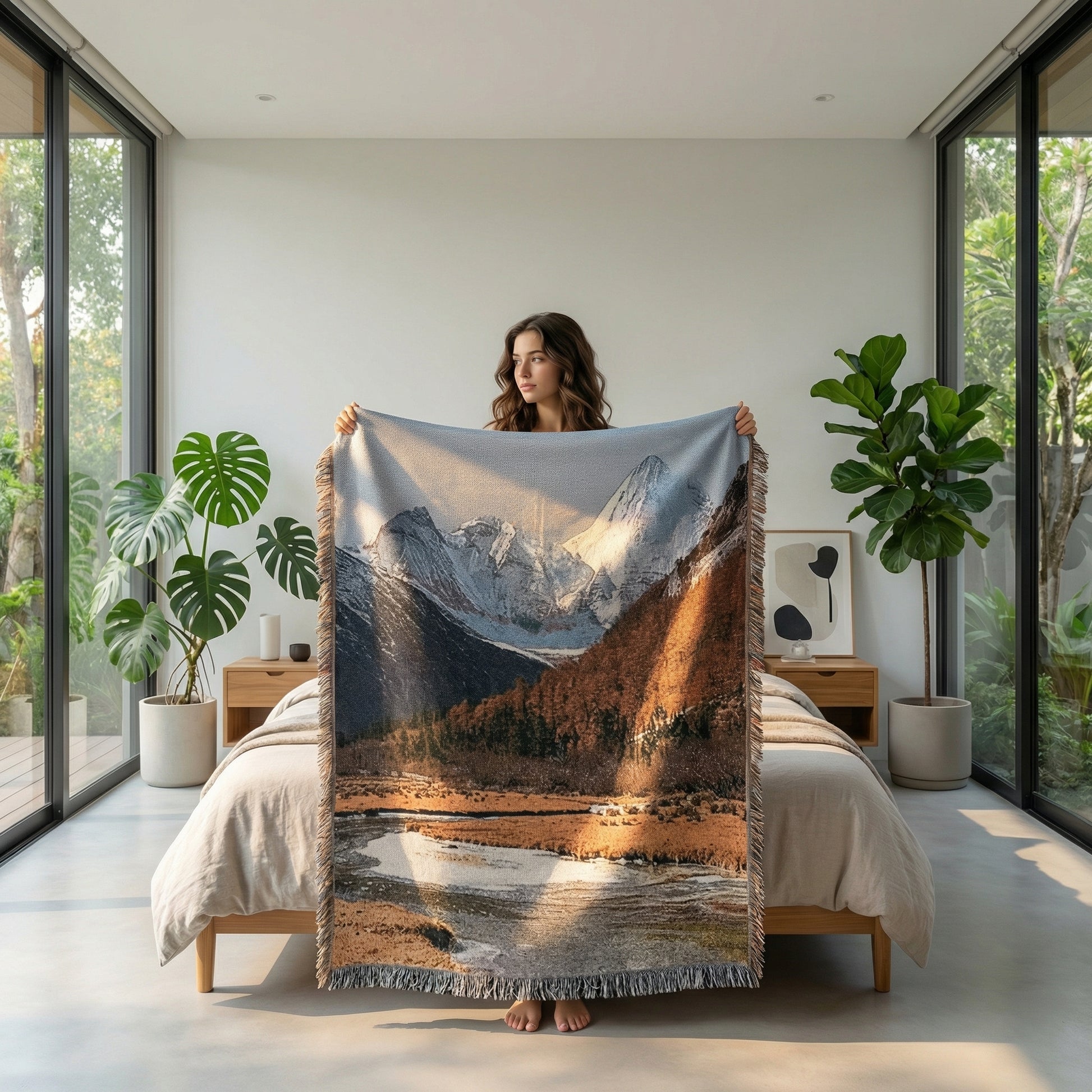Woman holding a large knitted blanket with a natural landscape design featuring snow-capped mountains and a river.