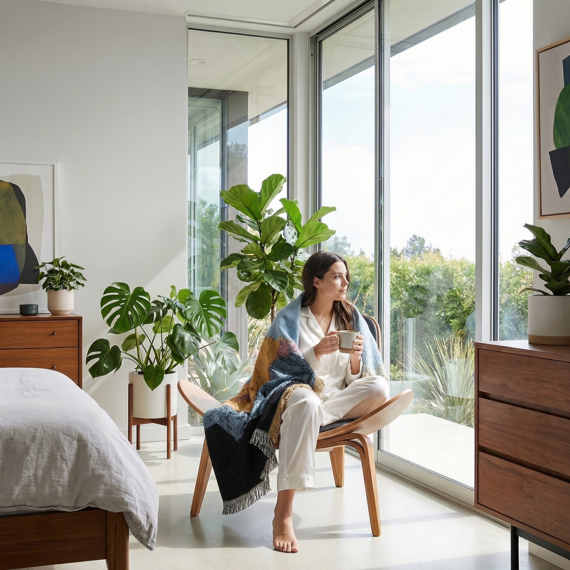 Woman in white pajamas holding a mug, wrapped in a colorful knitted landscape blanket, sitting by a large window.