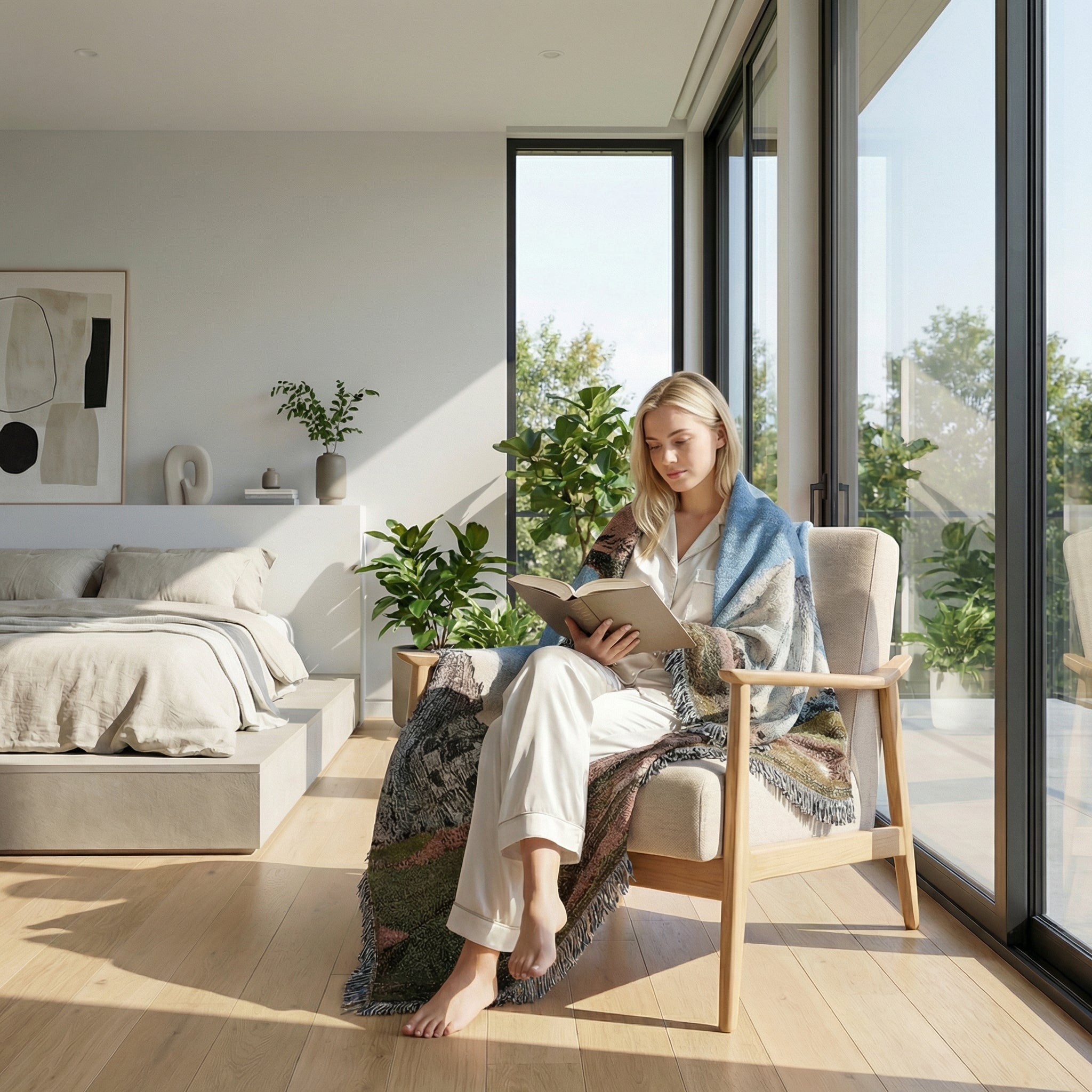 Woman wrapped in a blue and earth-toned natural landscape knitted blanket, reading in a modern bedroom.