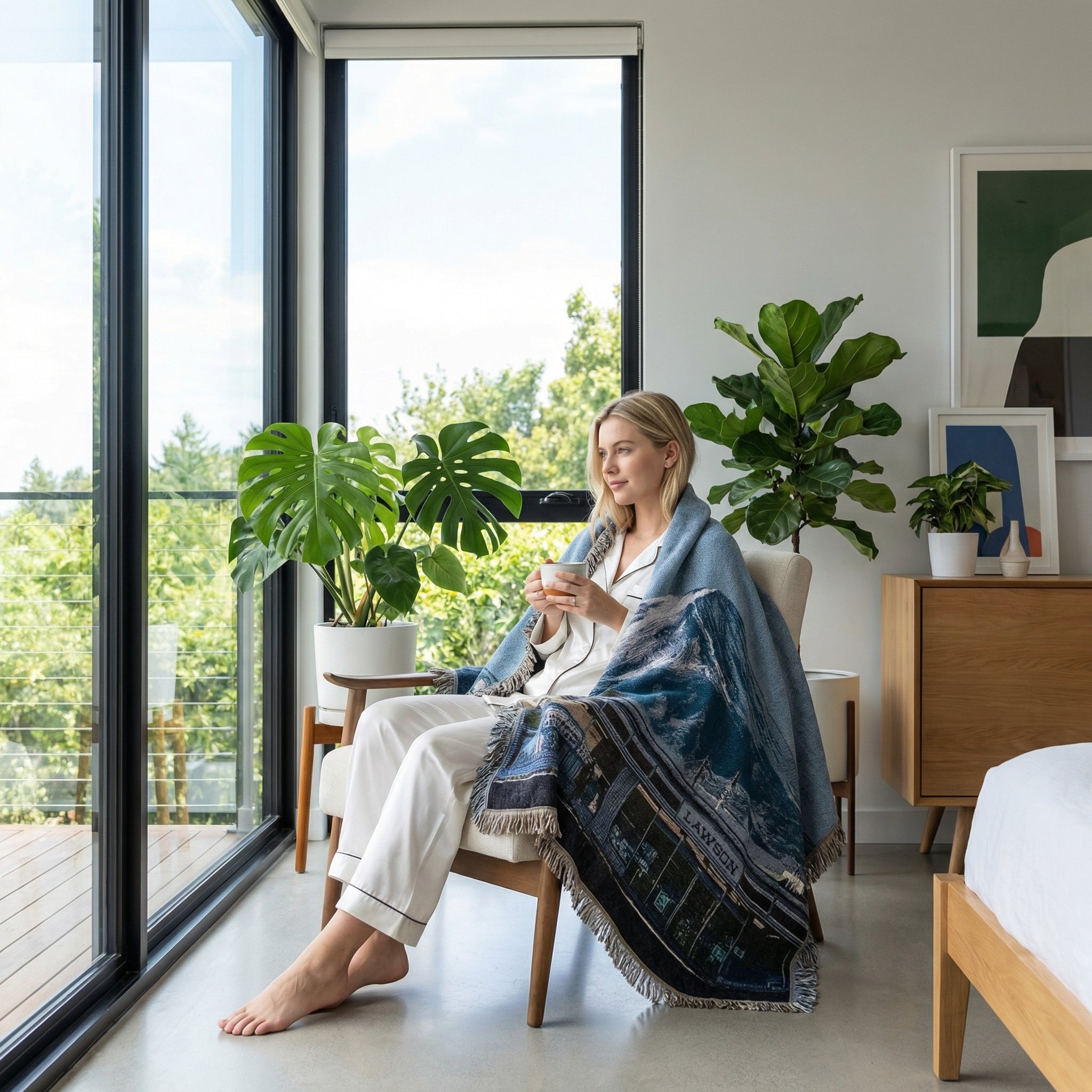 Blonde woman in white pajamas relaxing with a mug, draped in a blue knitted landscape blanket.