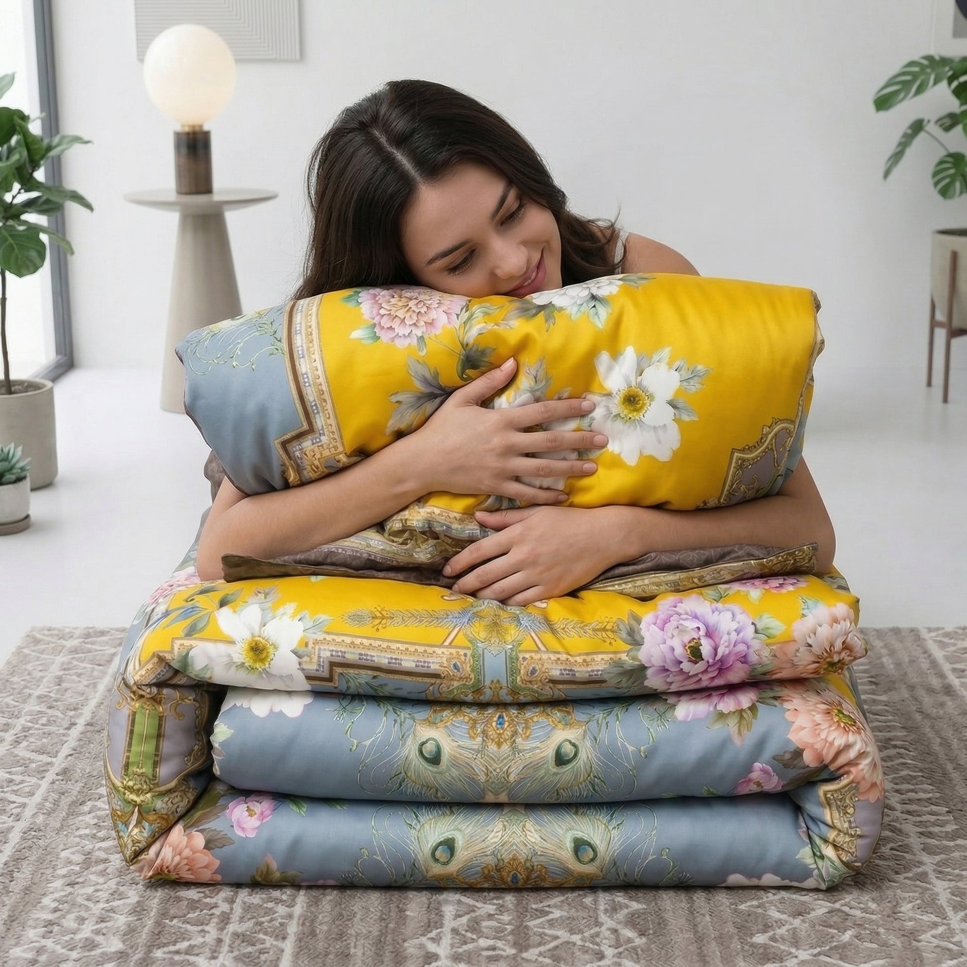Woman hugging a folded Nature Inspired Mosaic Duvet Cover Bedding Set with yellow, blue, and floral patterns.