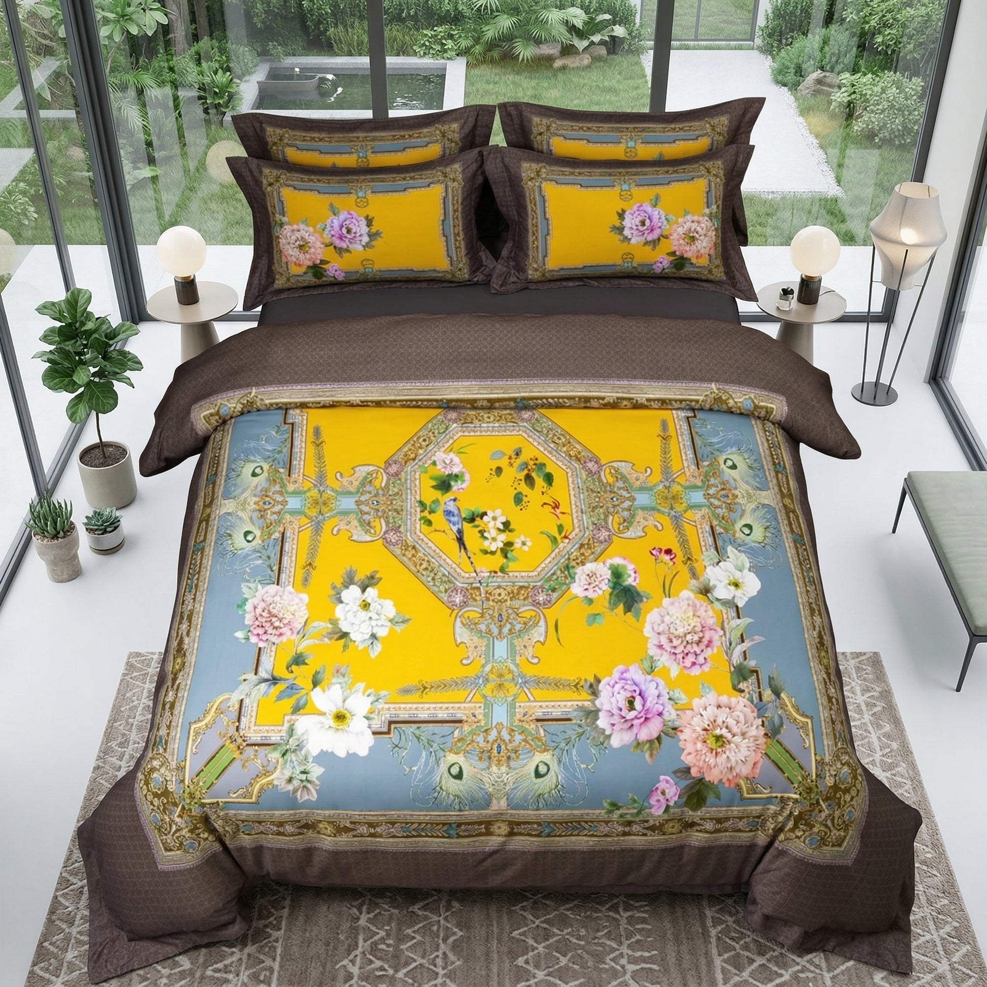 Nature-inspired mosaic duvet cover bedding set with vibrant yellow, blue, and brown floral and bird patterns.
