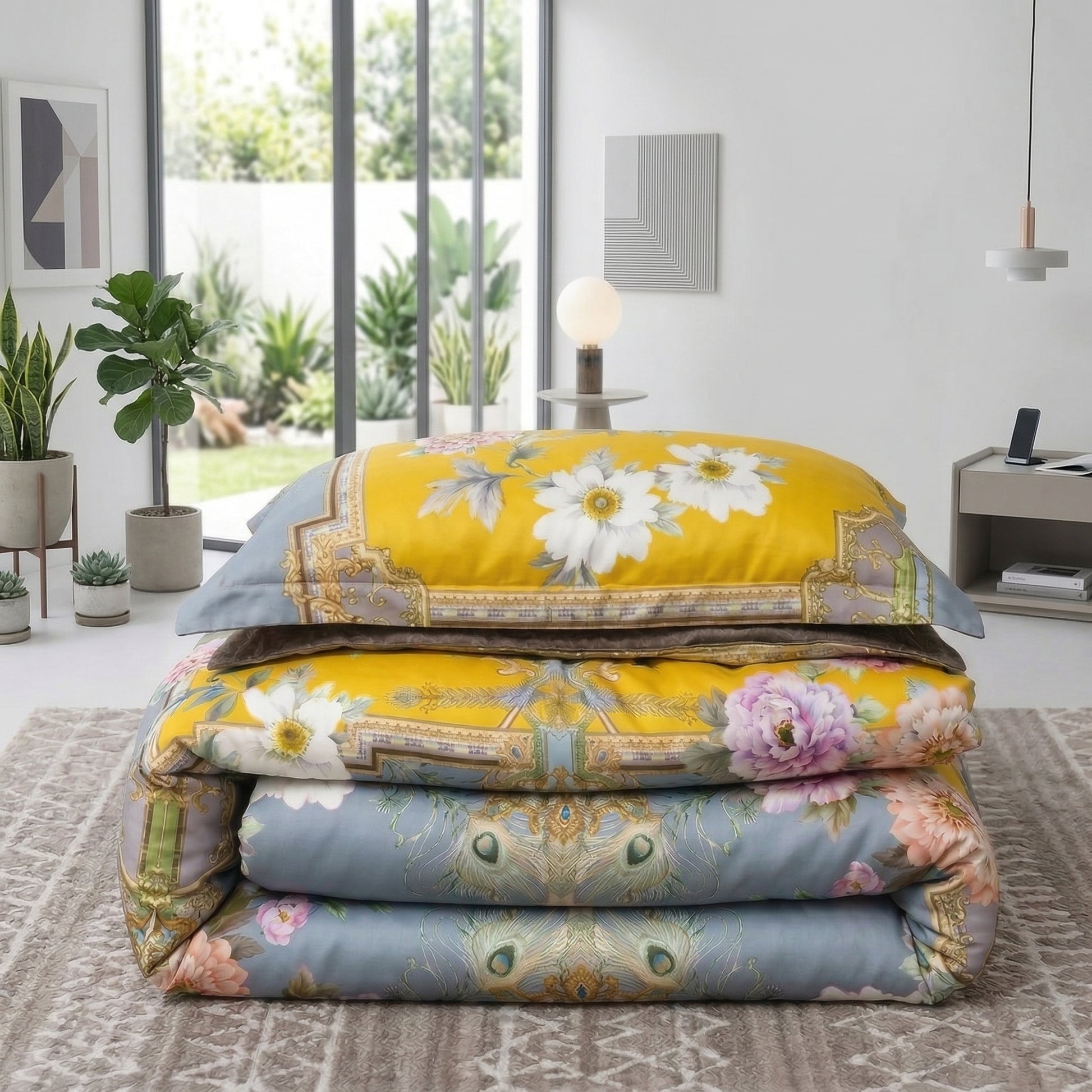 Folded Nature Inspired Mosaic Duvet Cover Bedding Set with yellow, blue, and pink floral and bird patterns.
