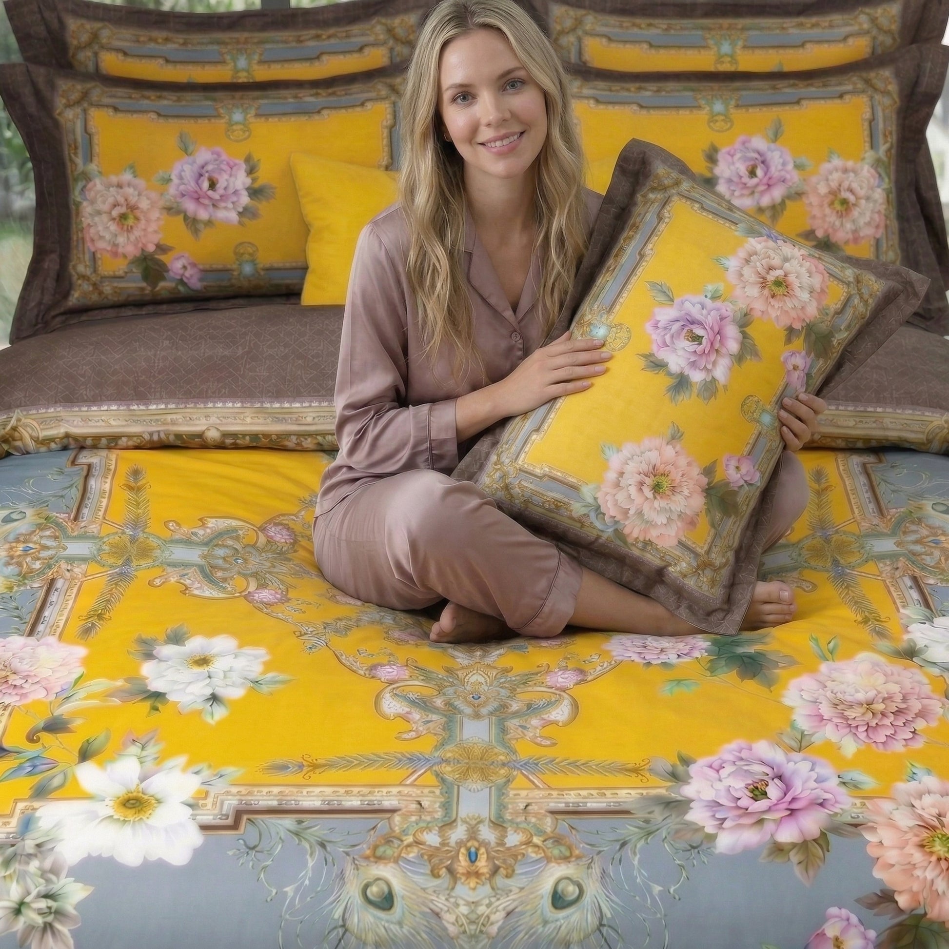Woman on a yellow Nature Inspired Mosaic Duvet Cover Bedding Set with birds and floral patterns.