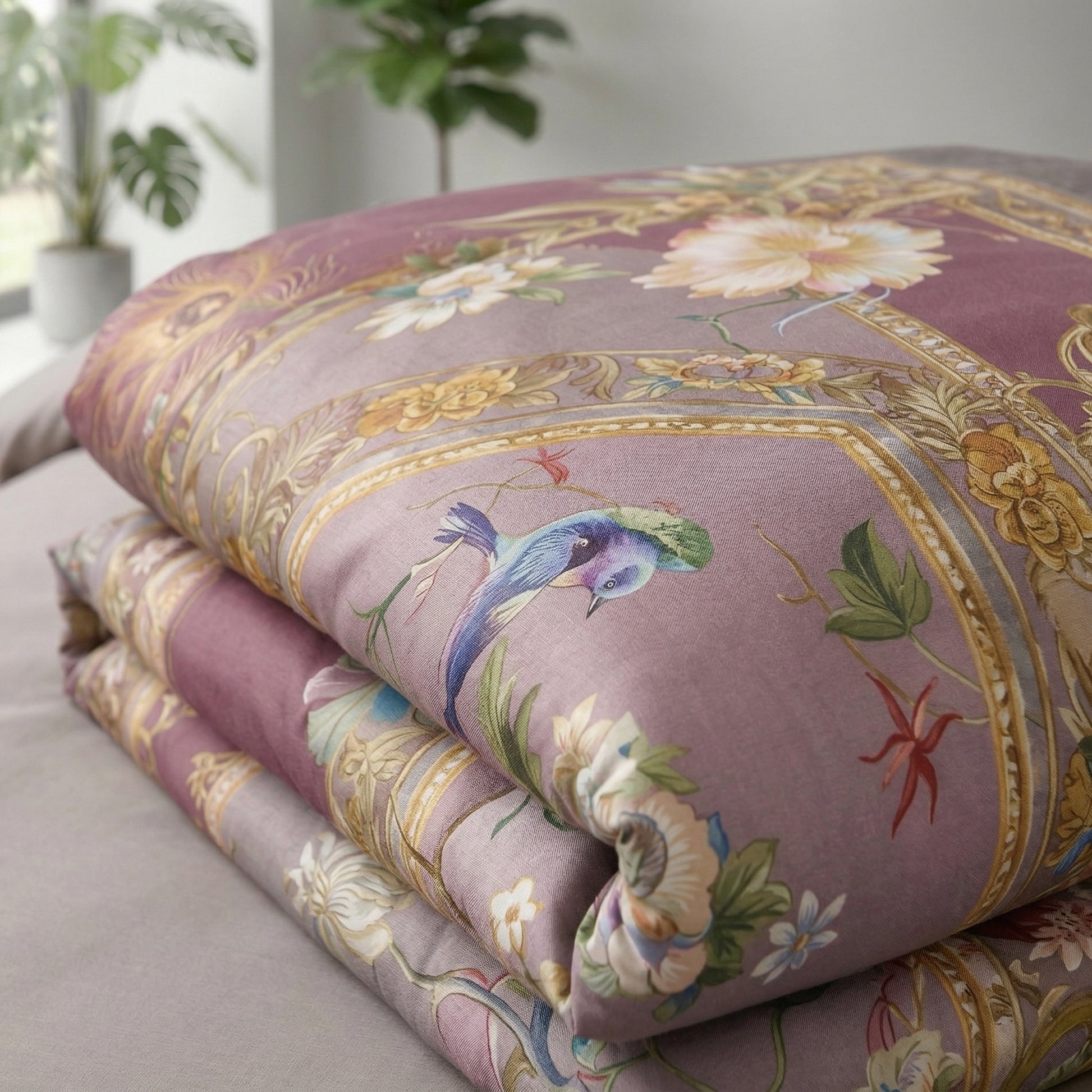 Folded Nature Inspired Mosaic Duvet Cover Bedding Set with birds and floral patterns on soft, purple cotton.