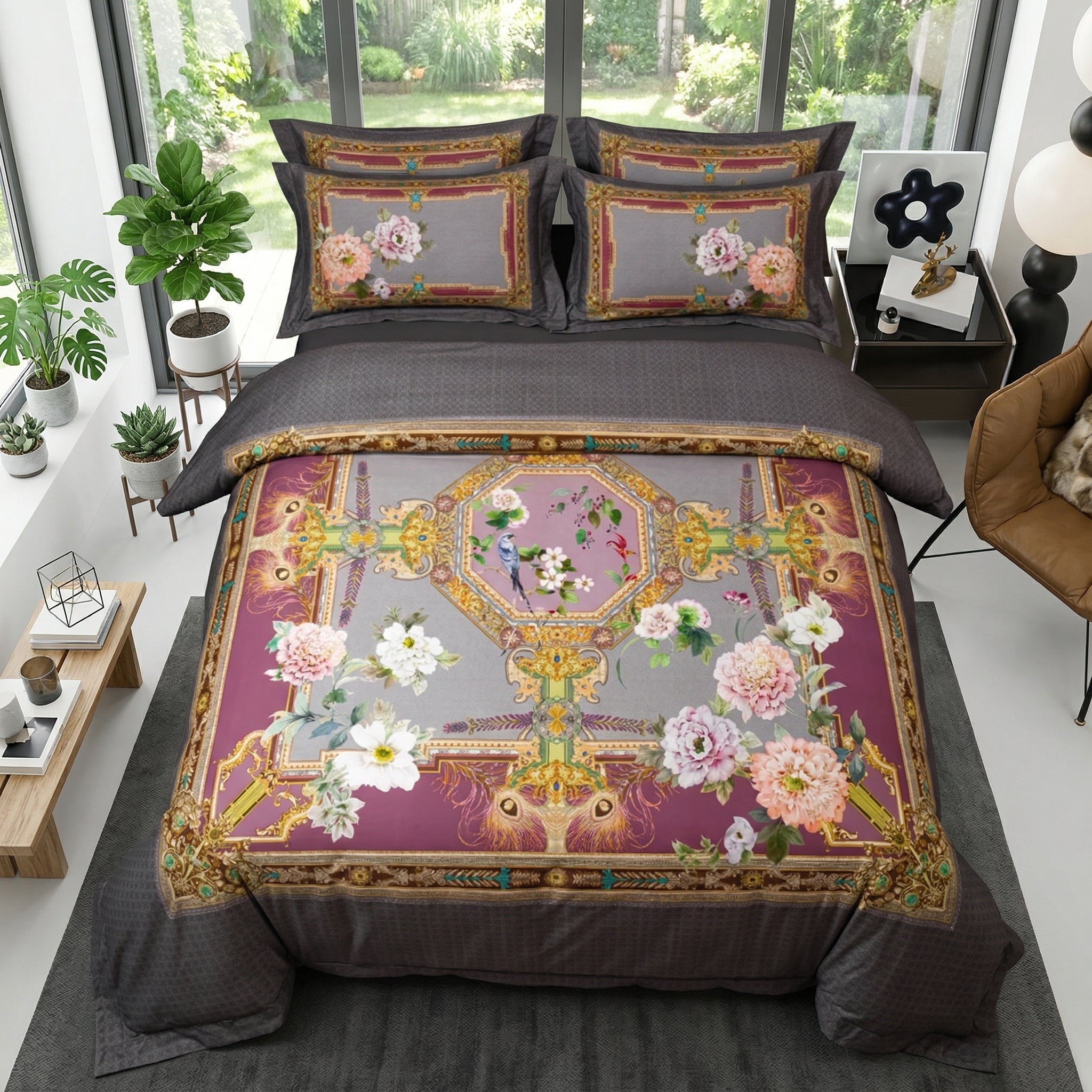 Nature Inspired Mosaic Duvet Cover Bedding Set with birds and floral patterns on a gray and purple background.