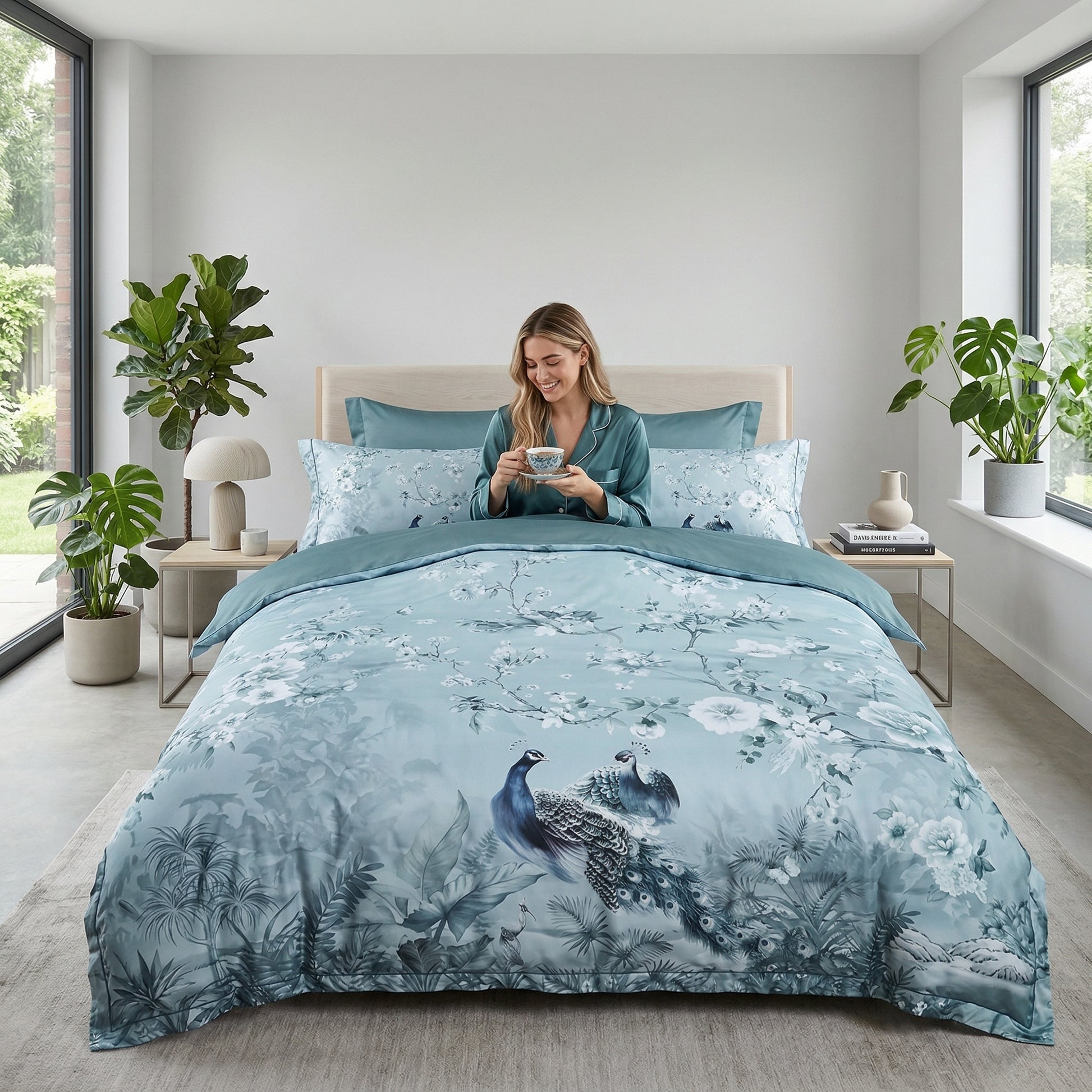 Queen size Egyptian Cotton duvet cover set with blue peacocks and white floral patterns.