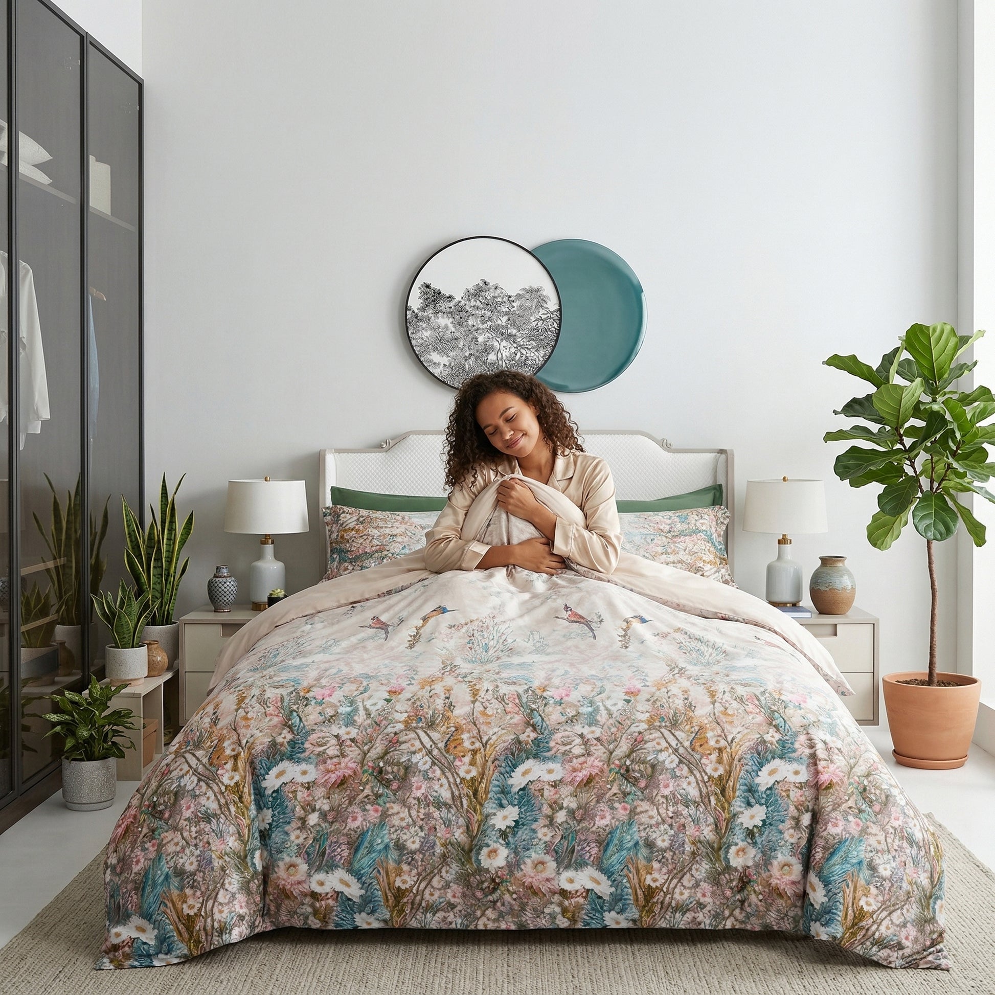 Queen-size cotton duvet cover with nature-inspired mosaic birds and floral patterns, on a bed with a woman.