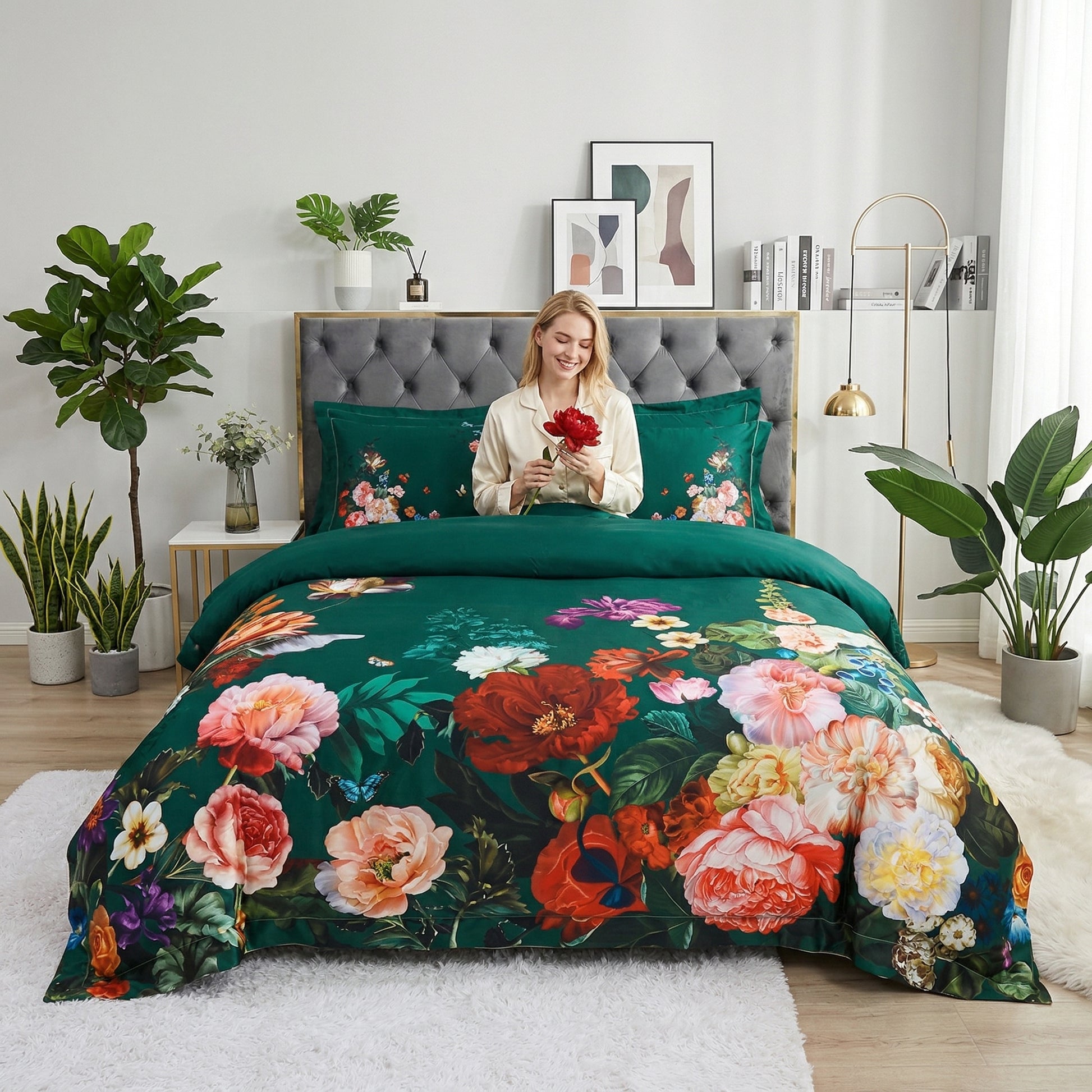 Queen size Nature Inspired Mosaic Duvet Cover Bedding Set with vibrant birds and floral patterns on a dark green background.