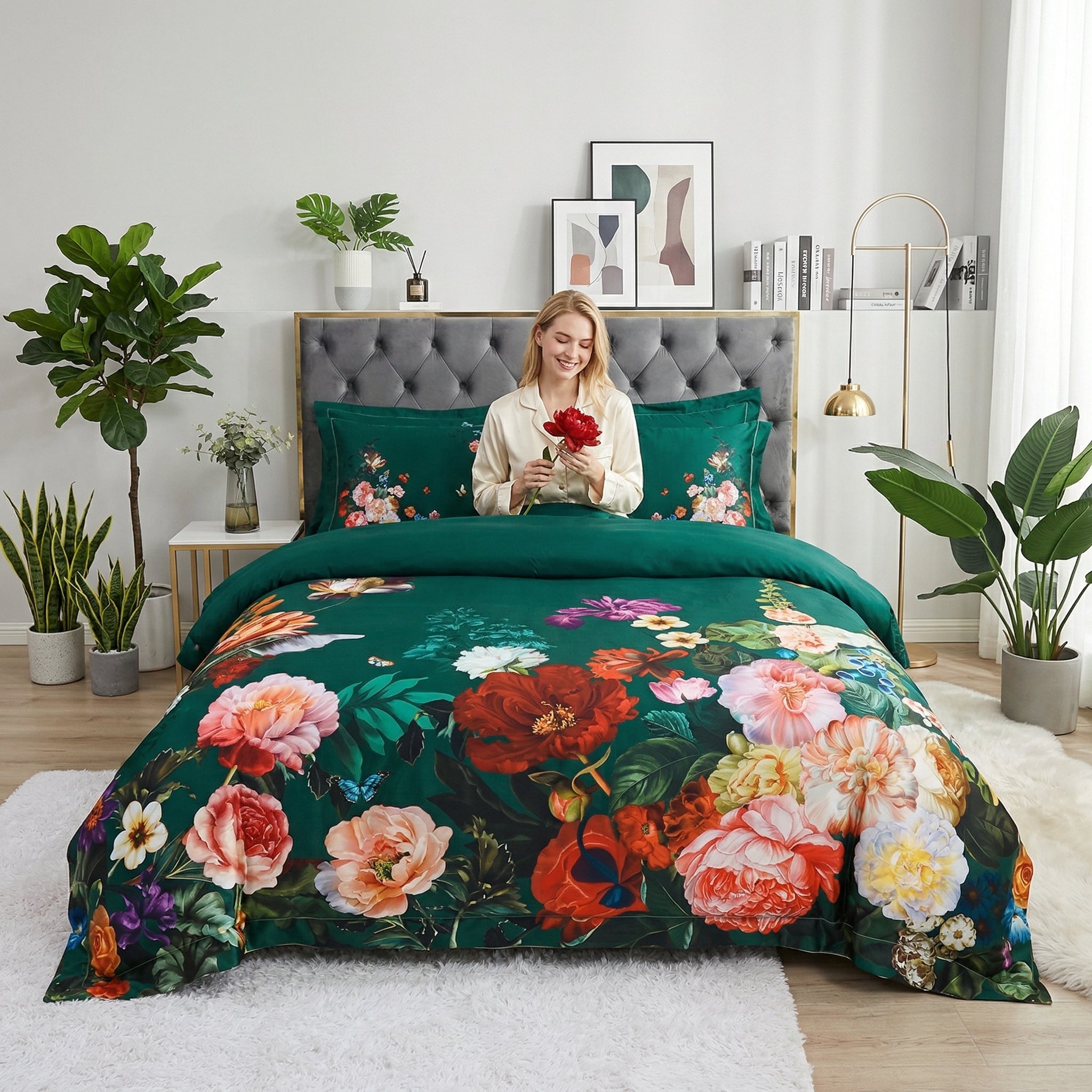 Queen size Nature Inspired Mosaic Duvet Cover Bedding Set with vibrant birds and floral patterns on a dark green background.