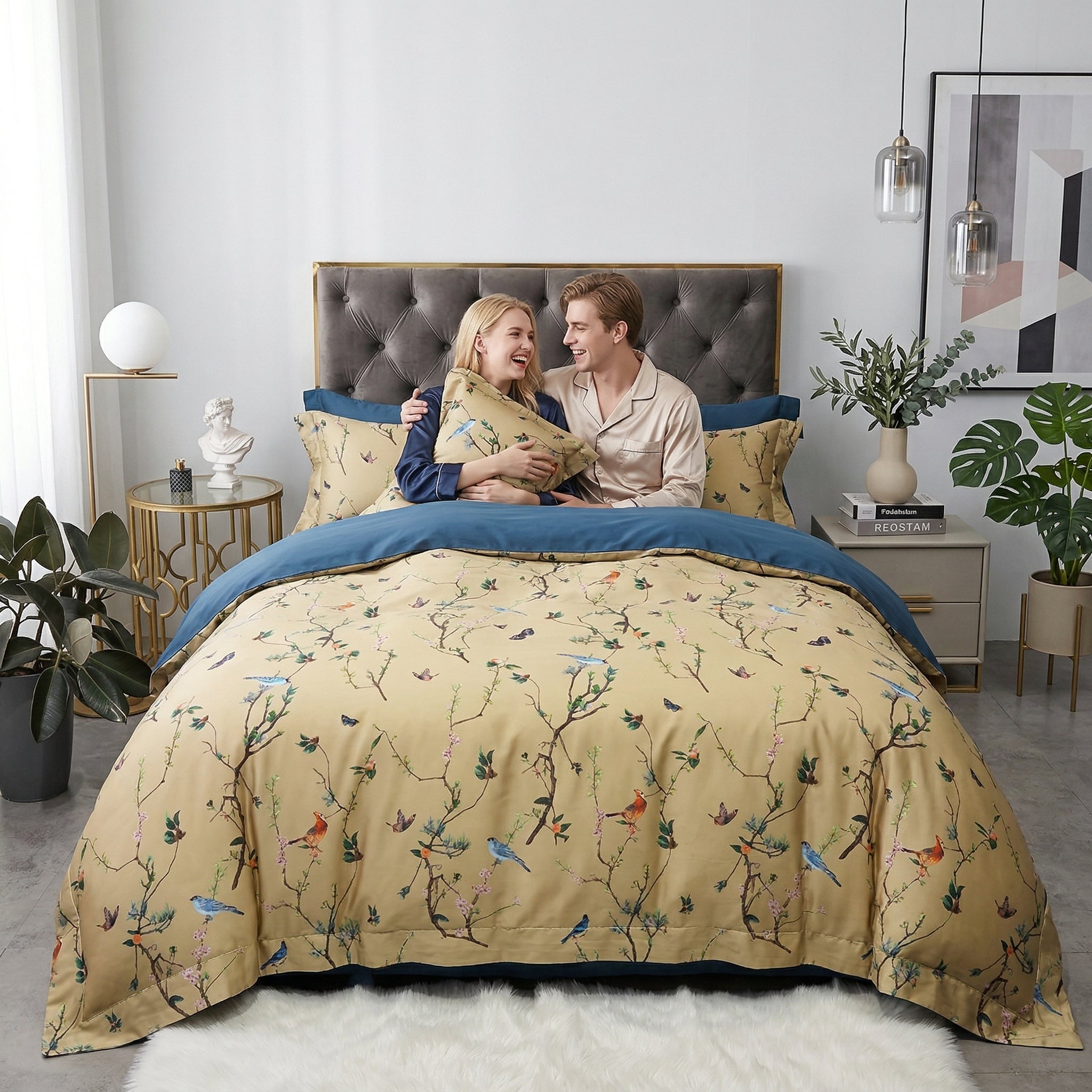 Nature Inspired Mosaic Duvet Cover Bedding Set with birds and flowers in yellow and blue Egyptian Cotton.