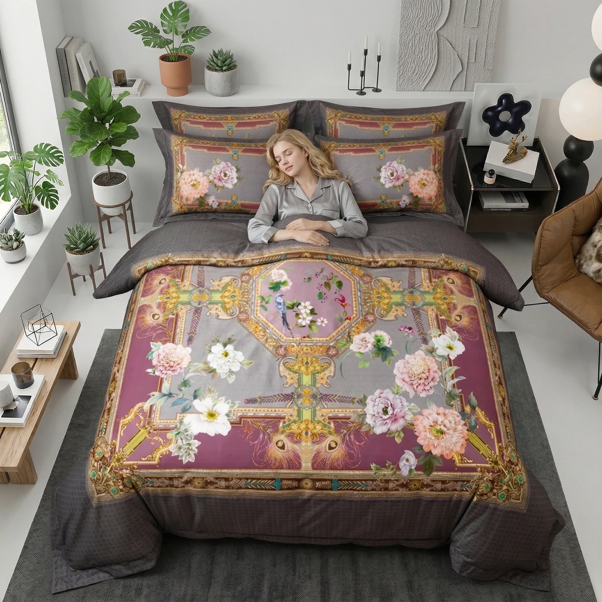 Queen size Nature Inspired Mosaic Duvet Cover Bedding Set with birds and floral patterns, 600 thread count cotton.