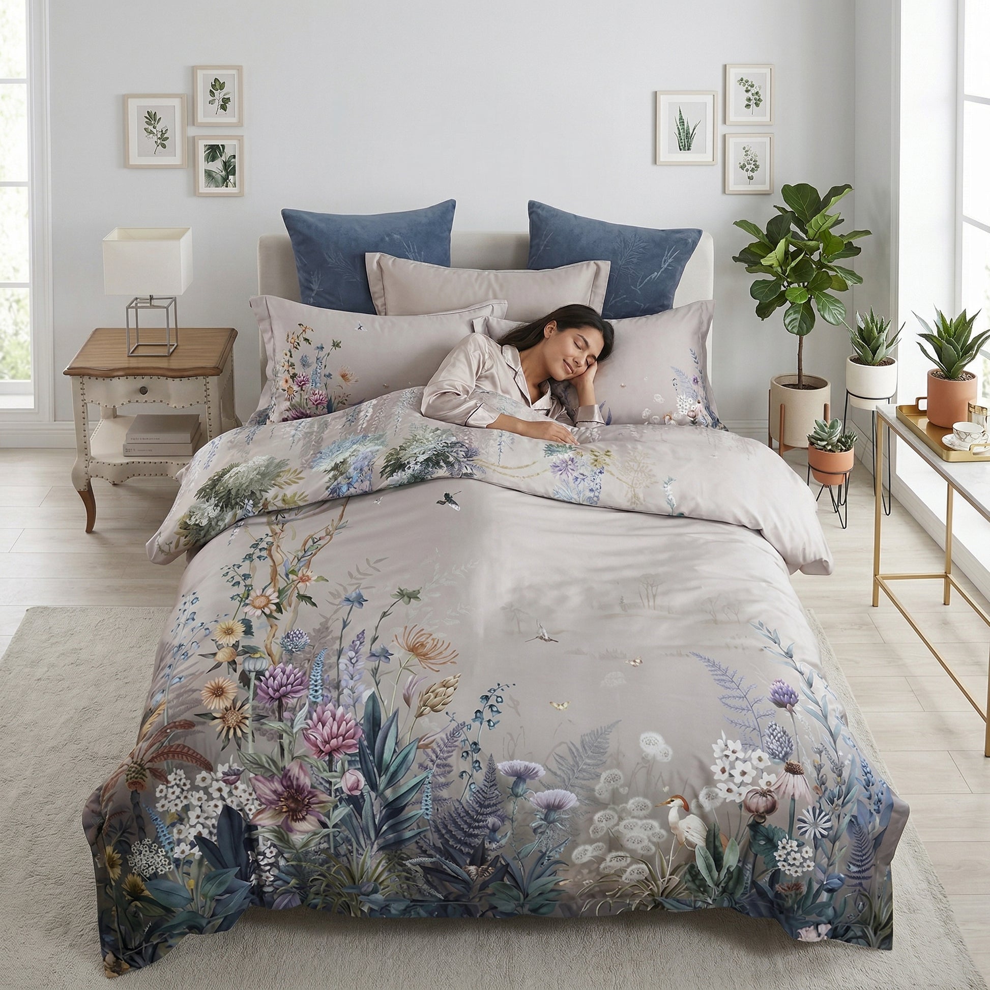 Nature Inspired Mosaic Duvet Cover Bedding Set with birds and flowers, featuring a sleeping woman.