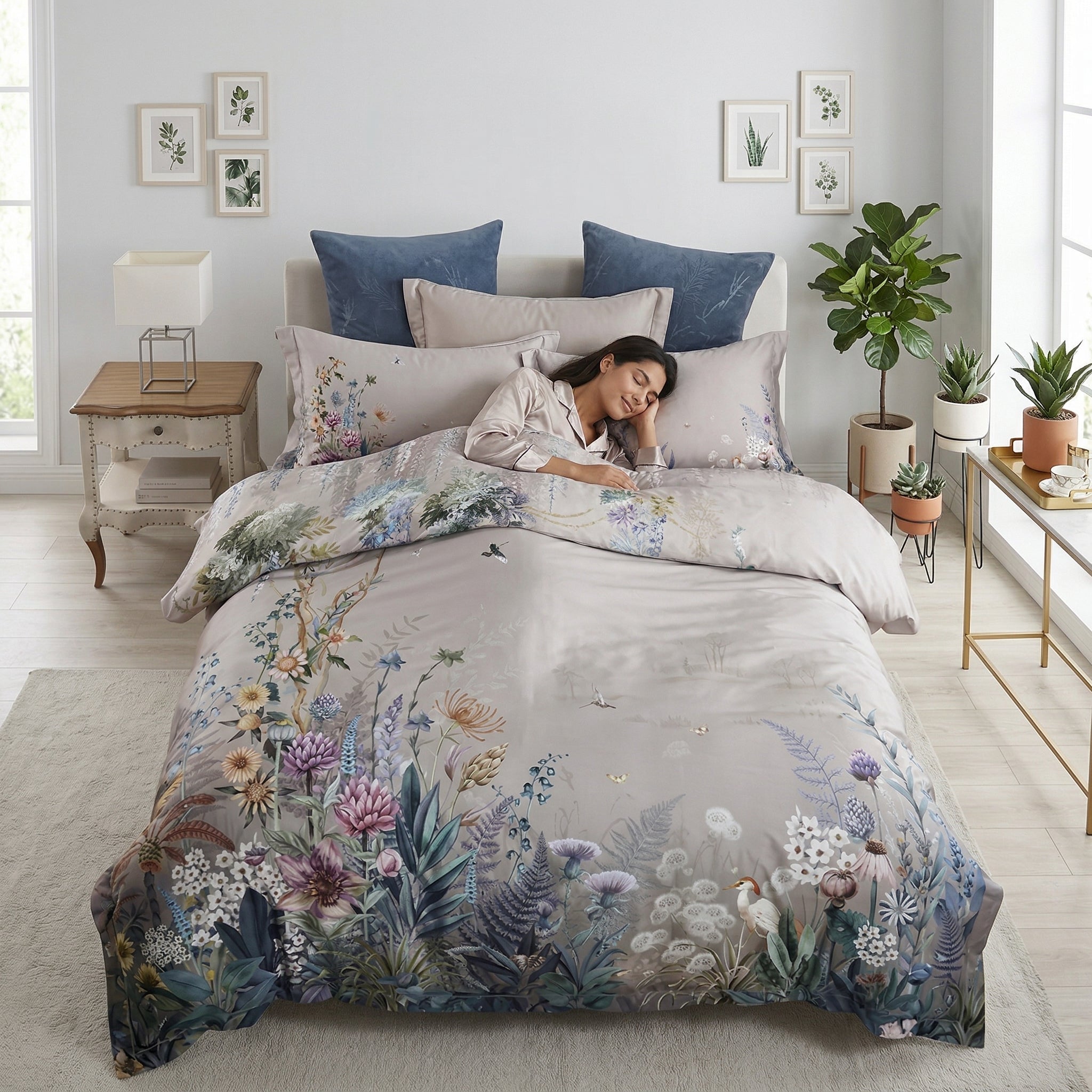 Nature Inspired Mosaic Duvet Cover Bedding Set with birds and flowers, featuring a sleeping woman.