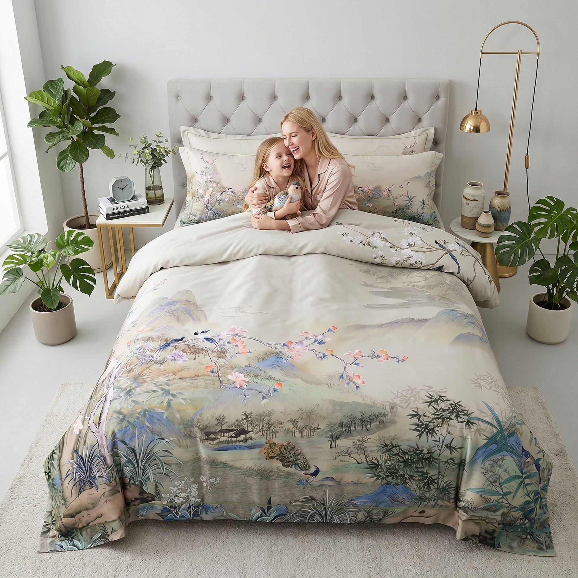 Queen-sized Nature Inspired Mosaic Duvet Cover Bedding Set with birds and flowers, made of Egyptian Cotton.