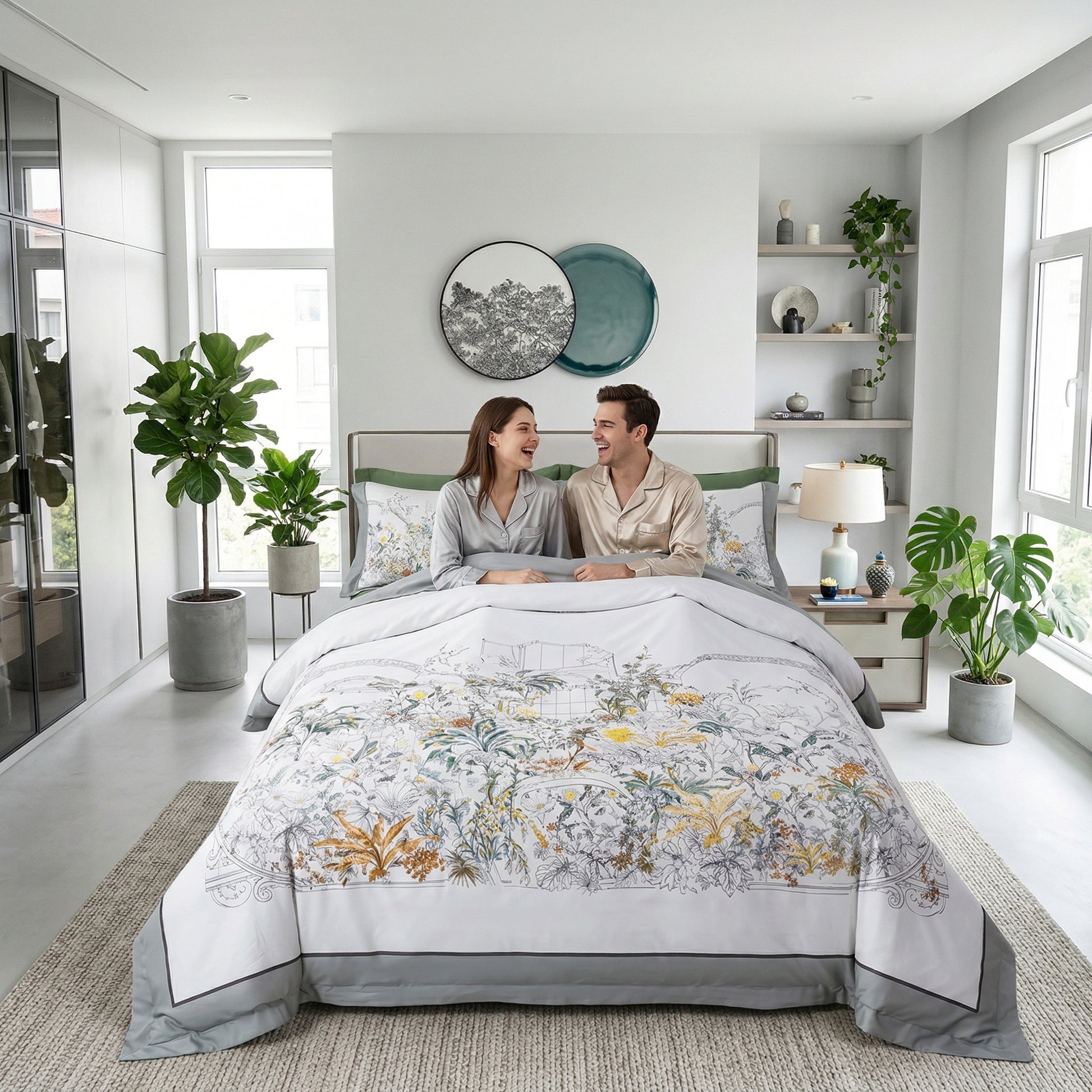 White cotton duvet cover with nature-inspired mosaic birds and floral patterns, on a Queen bed.