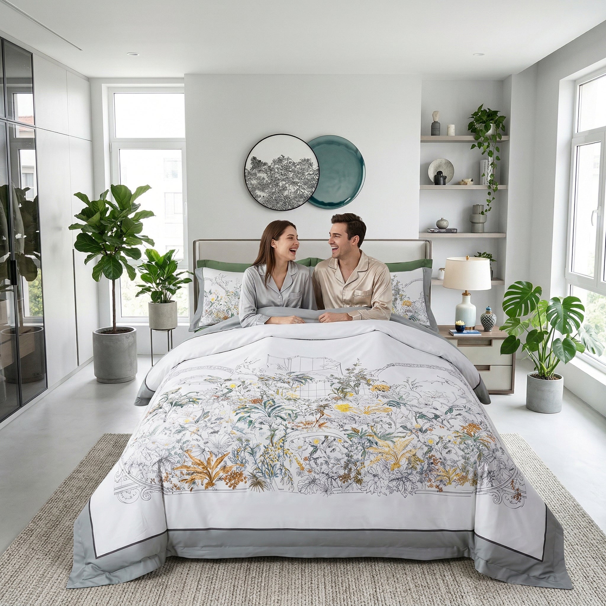 White cotton duvet cover with nature-inspired mosaic birds and floral patterns, on a Queen bed.