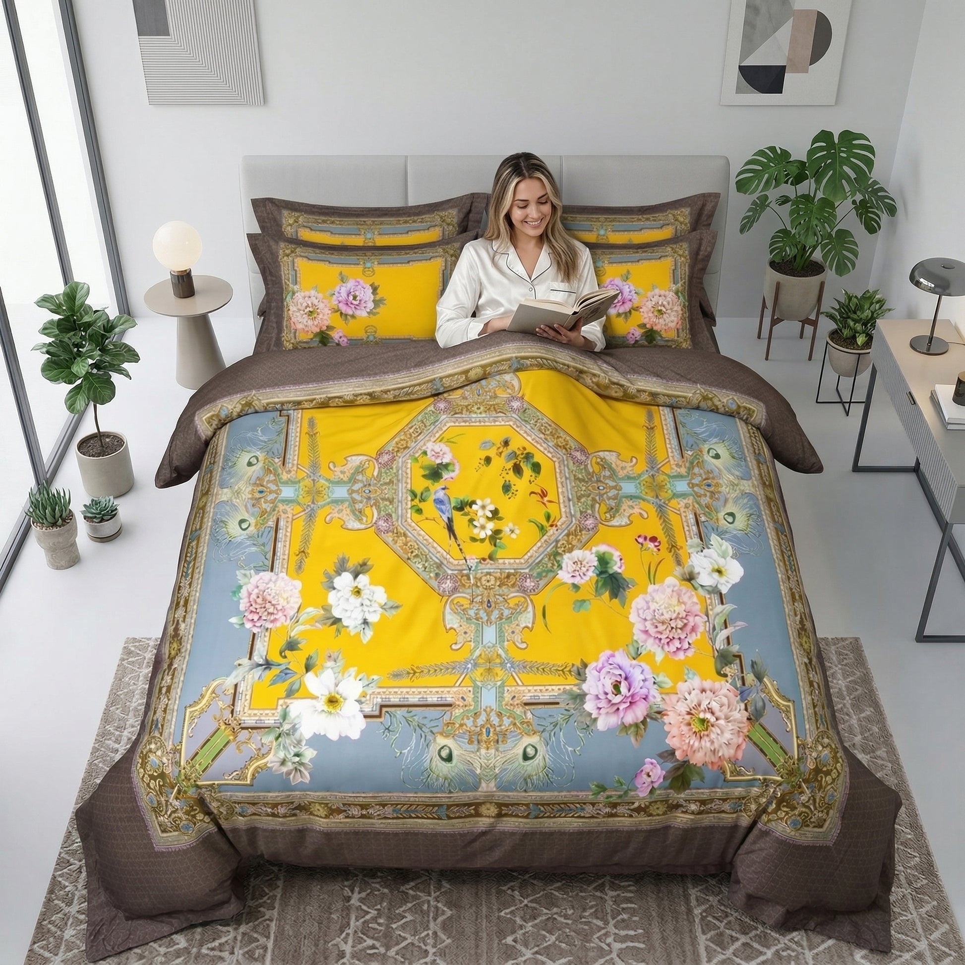 Queen-size Nature Inspired Mosaic Duvet Cover Bedding Set with yellow, blue, and brown floral and bird patterns.
