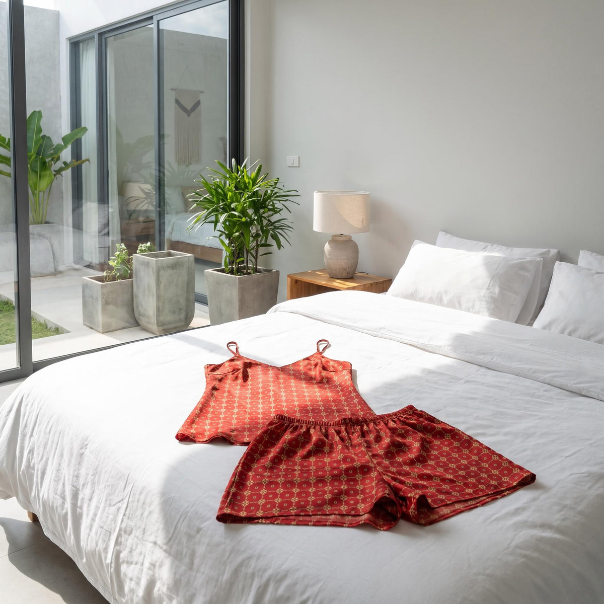 Red silk pajama set with a geometric pattern, featuring a V-neck camisole and shorts laid on a white bed.