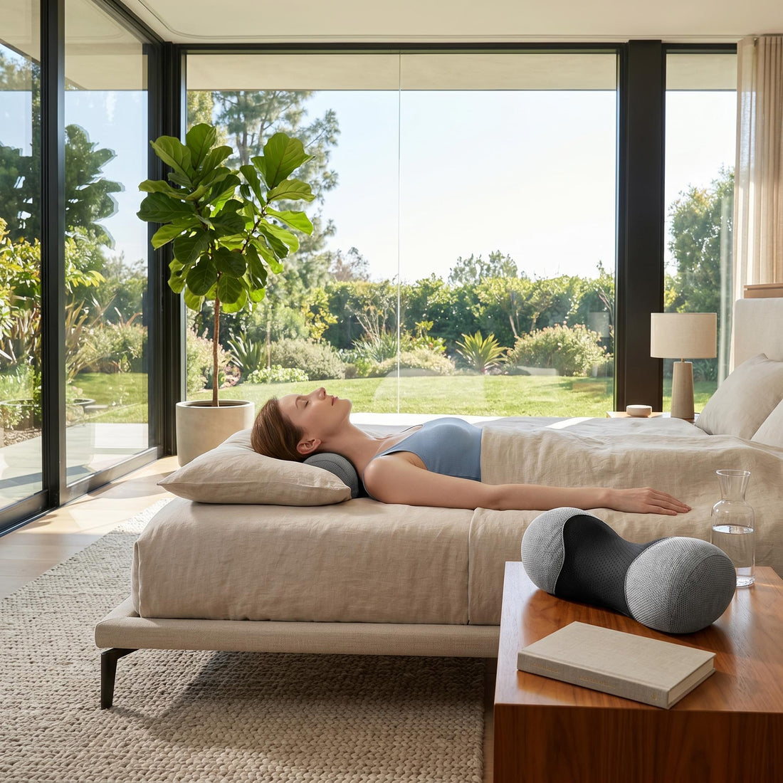 Woman relaxing with a light gray cylindrical memory foam neck roll pillow, with a larger black and gray pillow floating above.