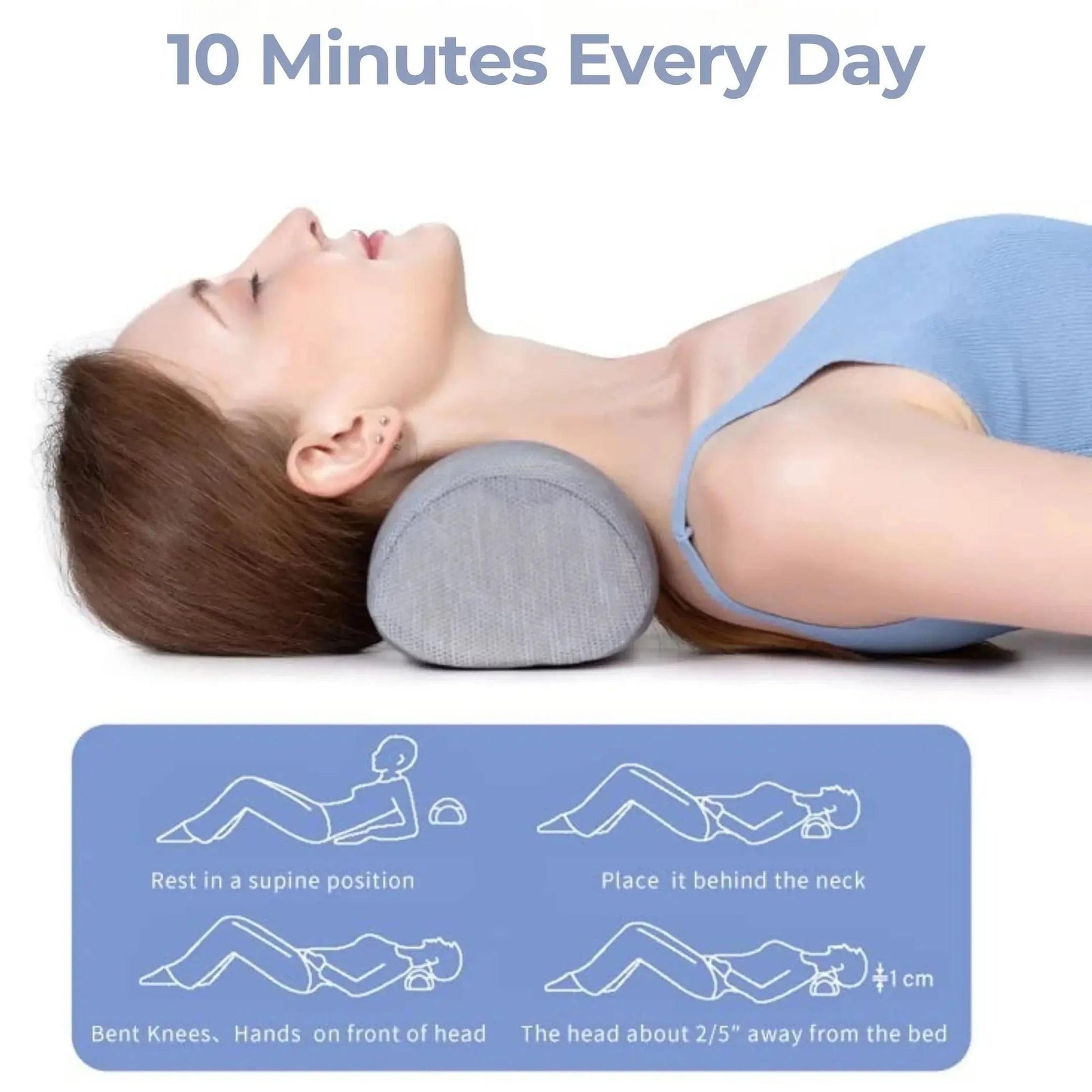 Woman resting on a gray cylindrical memory foam neck roll pillow, demonstrating proper neck support.