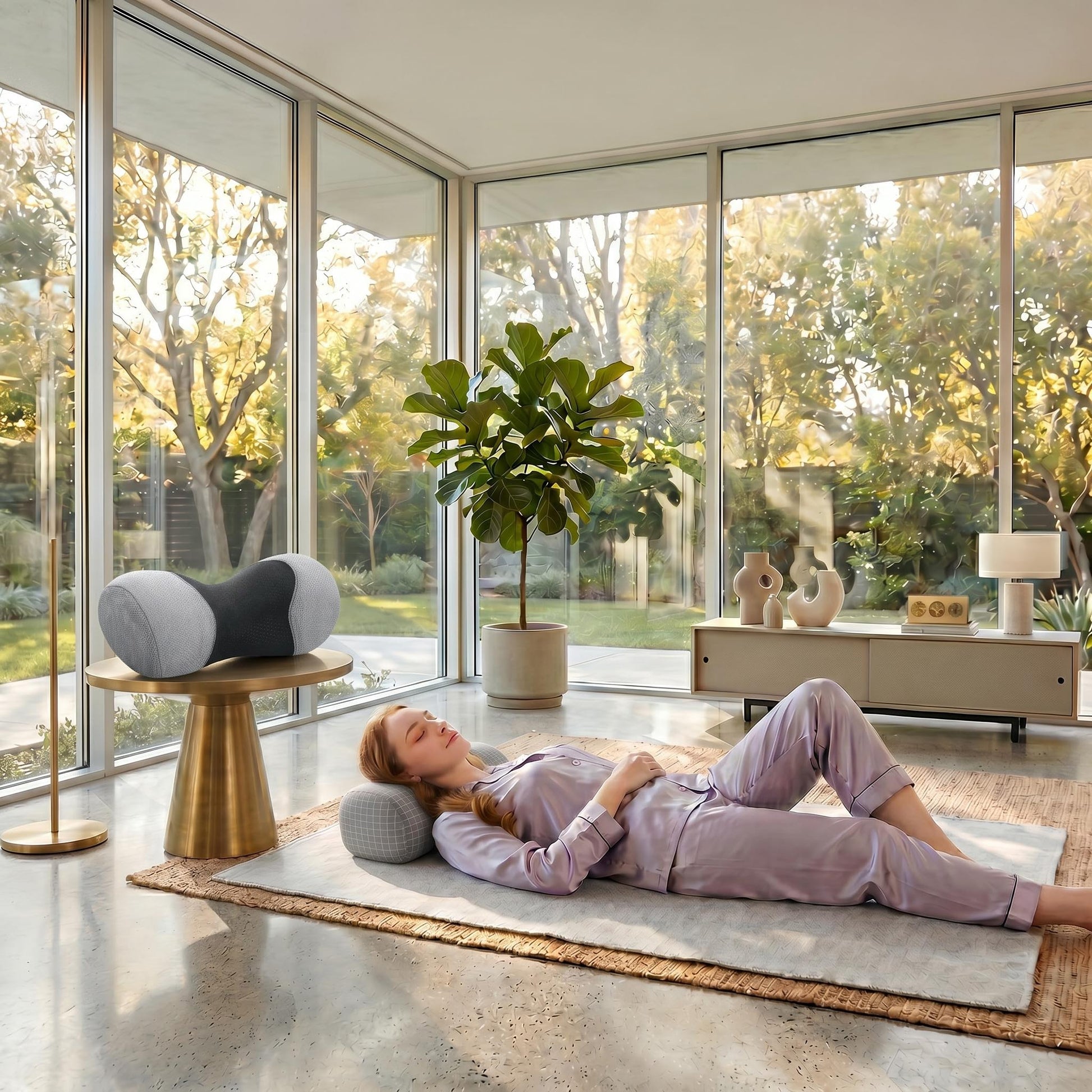 Woman in pajamas resting on a rug with a small, light gray cylindrical memory foam neck roll pillow.